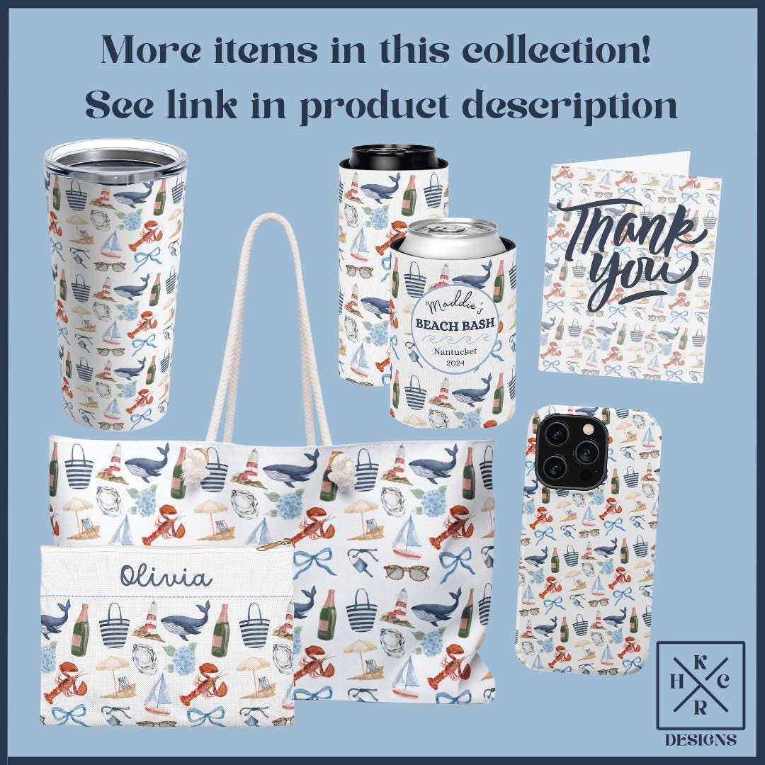 Custom Coastal Coquette Can Cooler; Preppy New England, Nantucket, Cape Cod, Hamptons, Maine, Bachelorette Bridal Gift; Slim and Regular Can