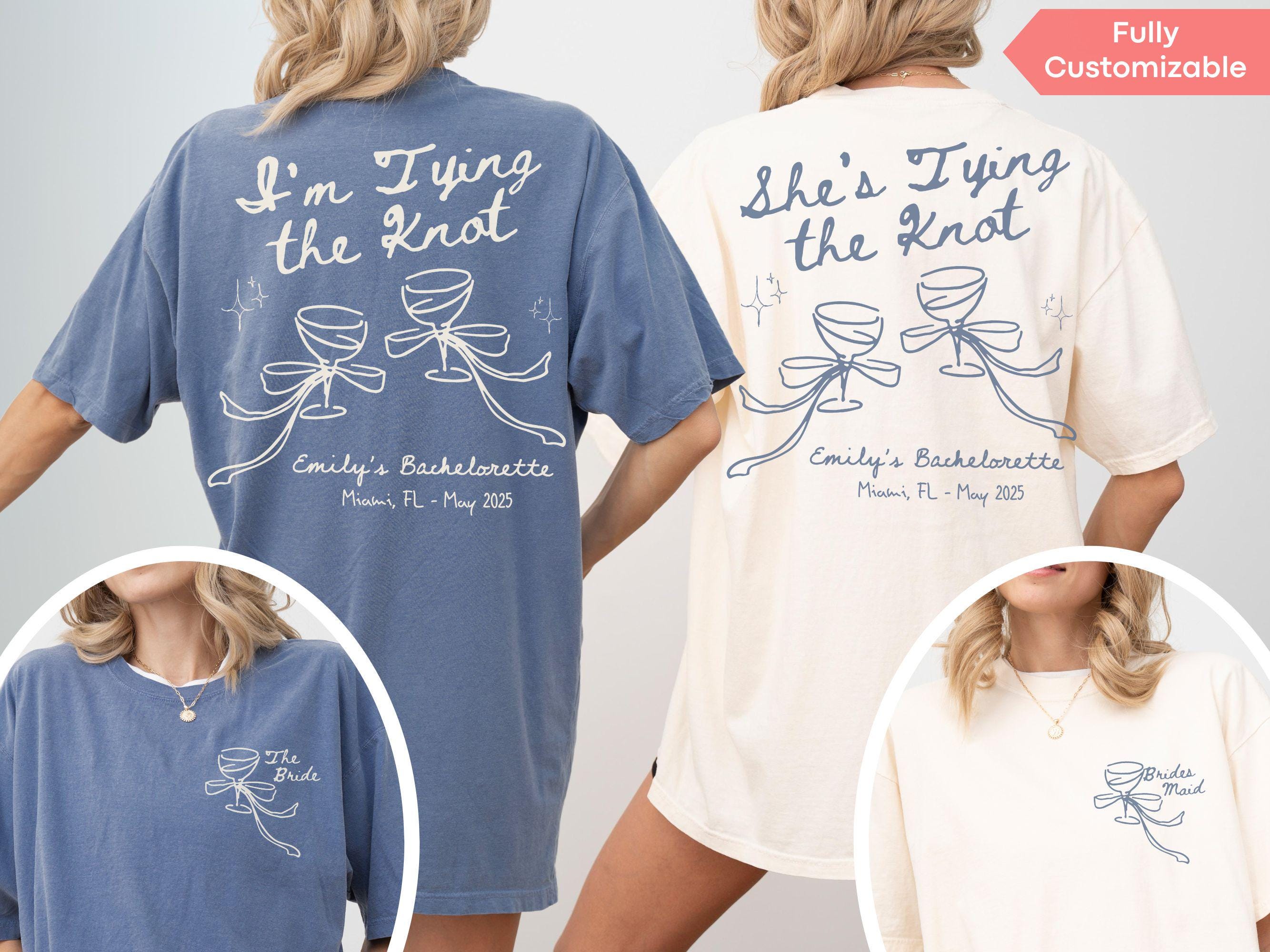 Custom Pink Bow Bachelorette Shirt She's Tying the Knot Tshirt Personalized Bow Bach Club Hens Night Matching Outfit MOH Gift For Bridesmaid