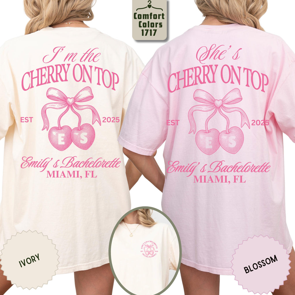 Personalized Bachelorette Shirt, She’s The Cherry On Top Bridal Party Tee, Coquette Cherry Bach Tee, Bridesmaid Tee, Custom Initial Bach Tee