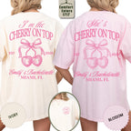 Personalized Bachelorette Shirt, She’s The Cherry On Top Bridal Party Tee, Coquette Cherry Bach Tee, Bridesmaid Tee, Custom Initial Bach Tee