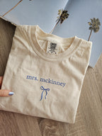 Embroidery Custom Mrs. Bride Shirt, Bride Gift, Wedding shirt, Engagement gift, Bachelorete party tee, Gift for her, Coquette bow bride tee.