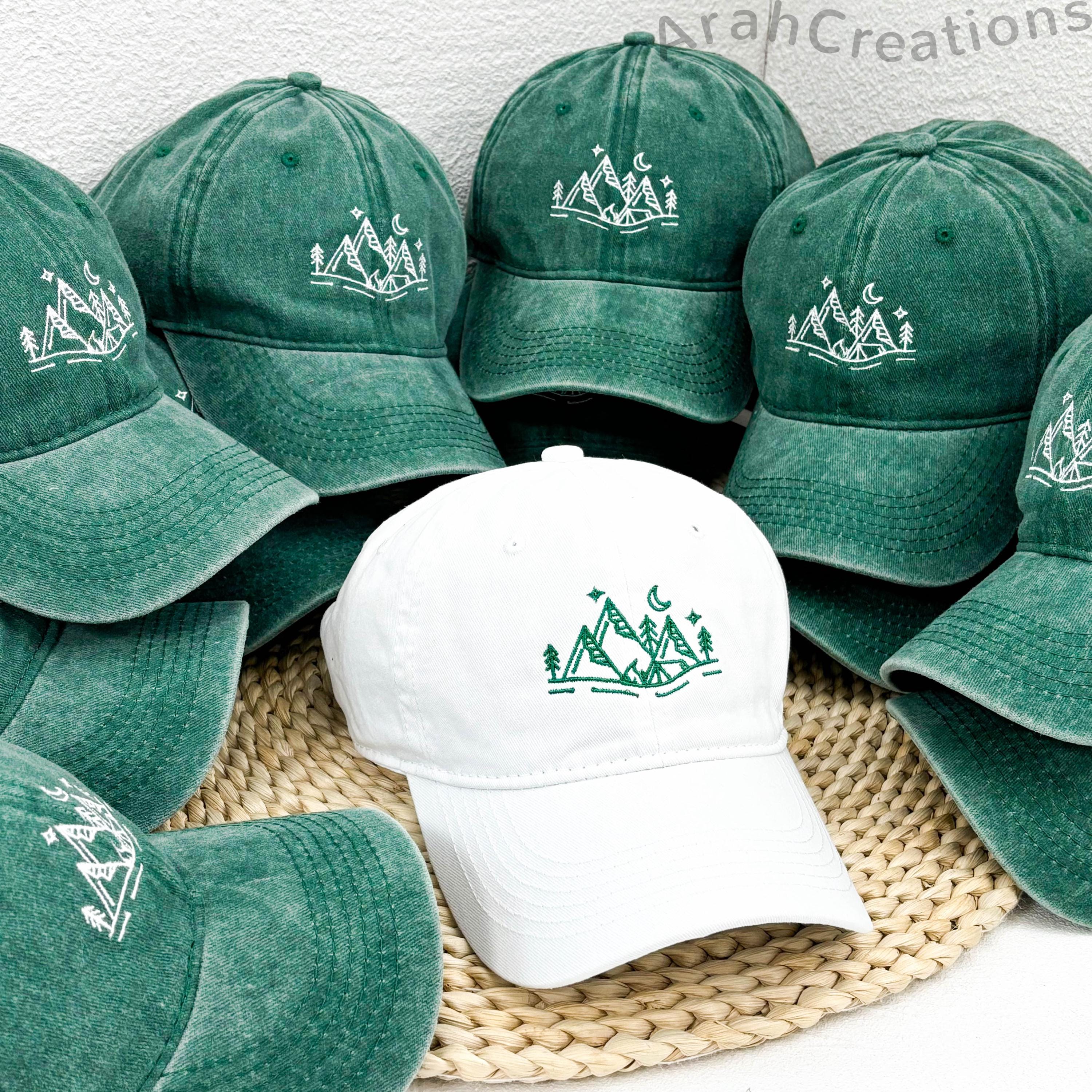 Personalized Embroidered Camp Bachelorette Hats | Custom Happer Camper Caps | Mountain Bachelorette Hats | Bridal Party Hat Set Bluk