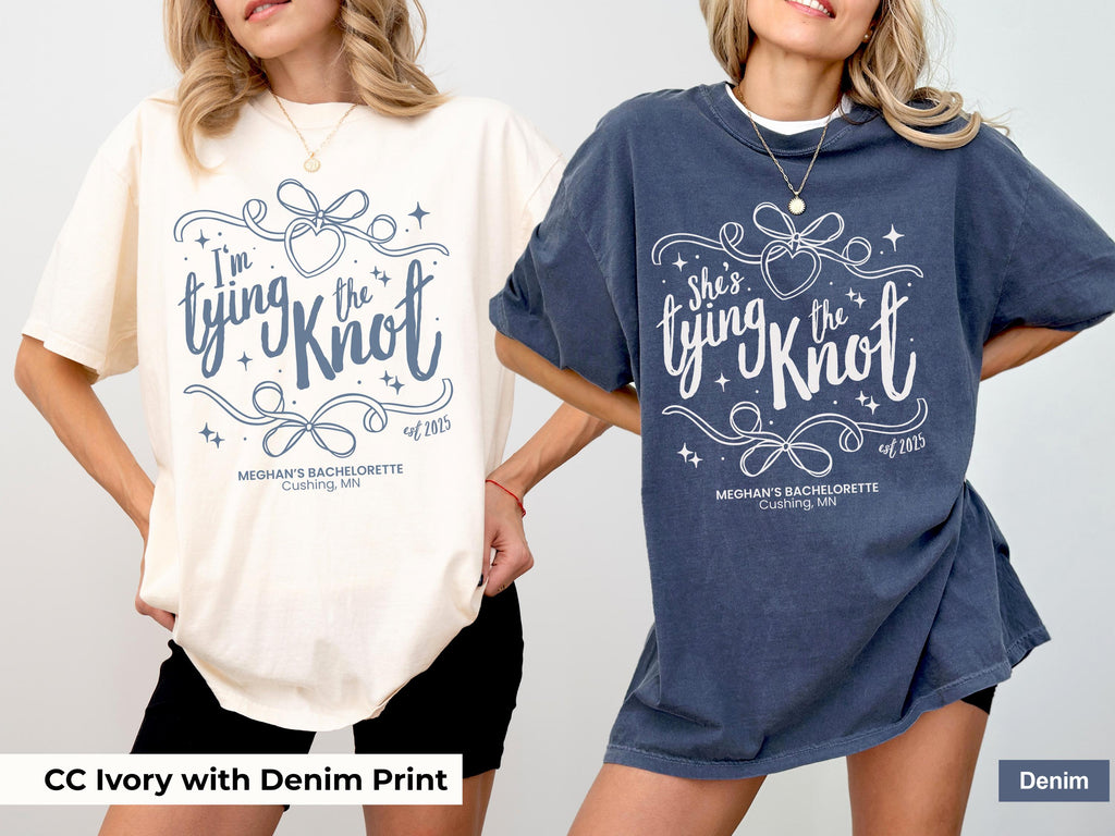 Tying The Knot Bachelorette Shirt Personalized Coquette Bow Bridal Party Tshirt Bow Themed Bridal Shower Outfit for Girly Bachelorette Idea