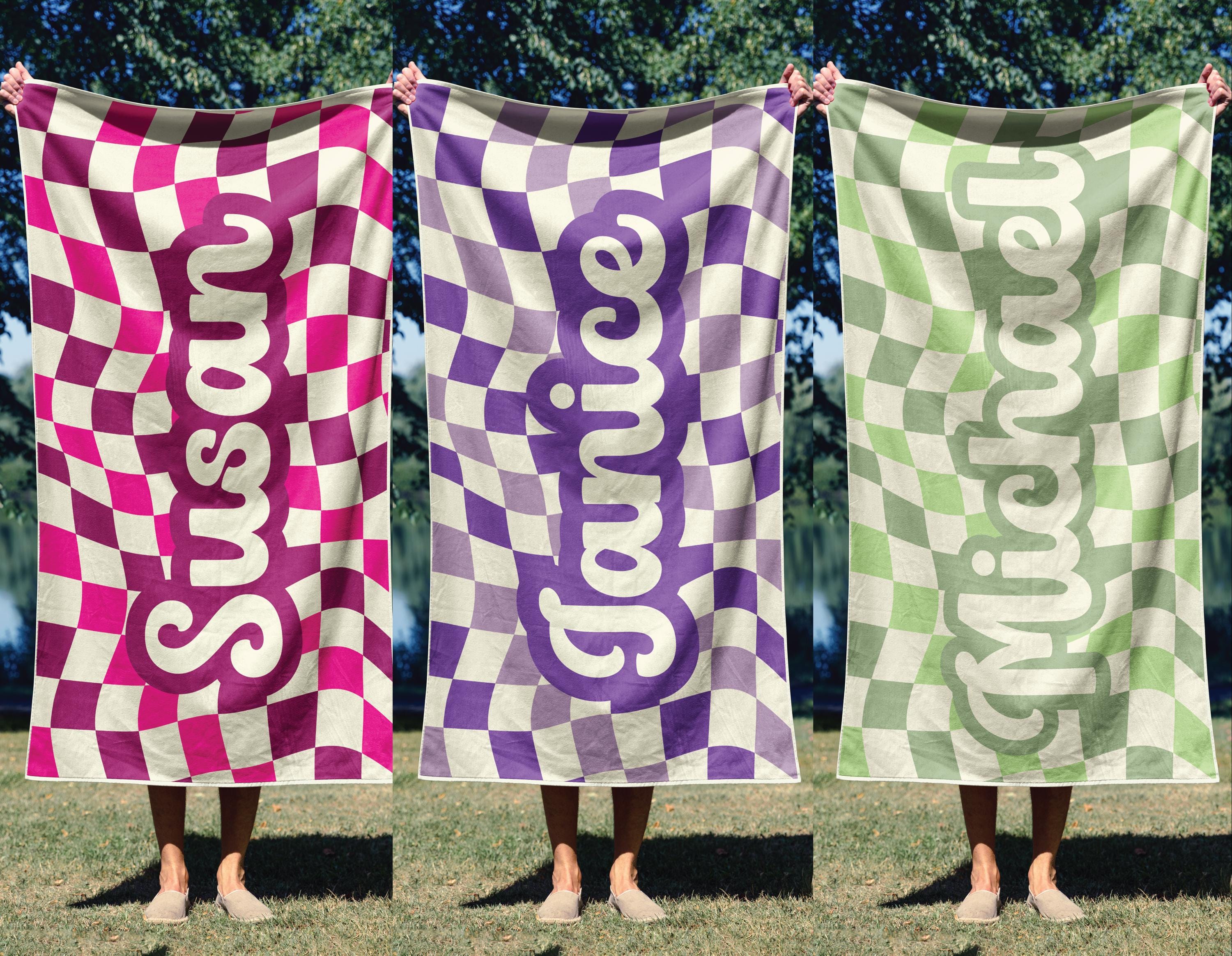 Custom Checkered Kids Name Towel Personalized Wavy Checker Beach Towel Customized Pool Gift for Girls Group Summer Trip Vacation Holiday