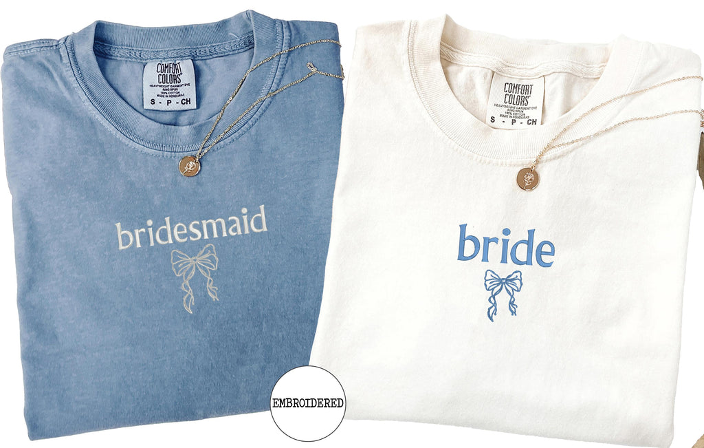 Embroidered Bride Bridesmaid Shirt, Comfort Colors Custom Wedding Gift, Bachelorette Party Tee, Getting Ready Shirt, Bride Coquette Shirt