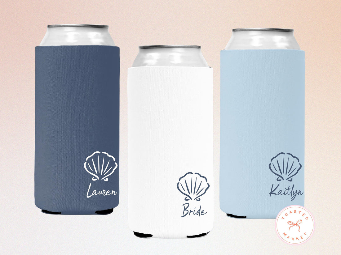 Custom Seashell Bachelorette Can Cooler, Coastal Personalized Can Sleeves, Beach Bachelorette, Girls Trip Party Favors, Bridal Party Gifts