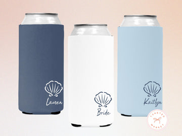 Custom Seashell Bachelorette Can Cooler, Coastal Personalized Can Sleeves, Beach Bachelorette, Girls Trip Party Favors, Bridal Party Gifts