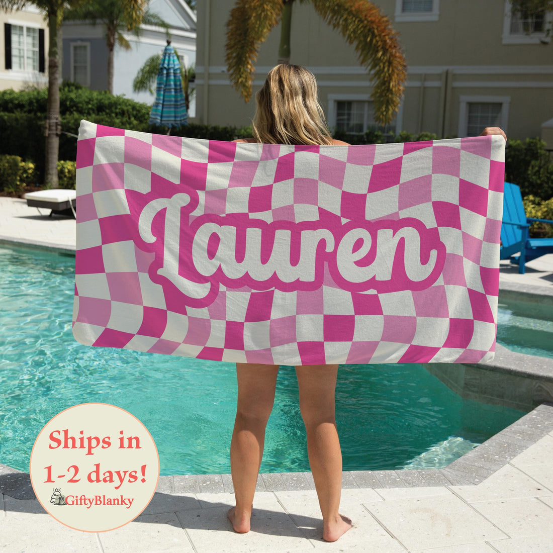 Custom Checkered Kids Name Towel Personalized Wavy Checker Beach Towel Customized Pool Gift for Girls Group Summer Trip Vacation Holiday