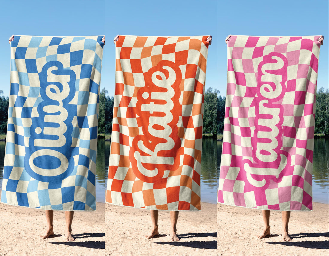 Custom Checkered Kids Name Towel Personalized Wavy Checker Beach Towel Customized Pool Gift for Girls Group Summer Trip Vacation Holiday