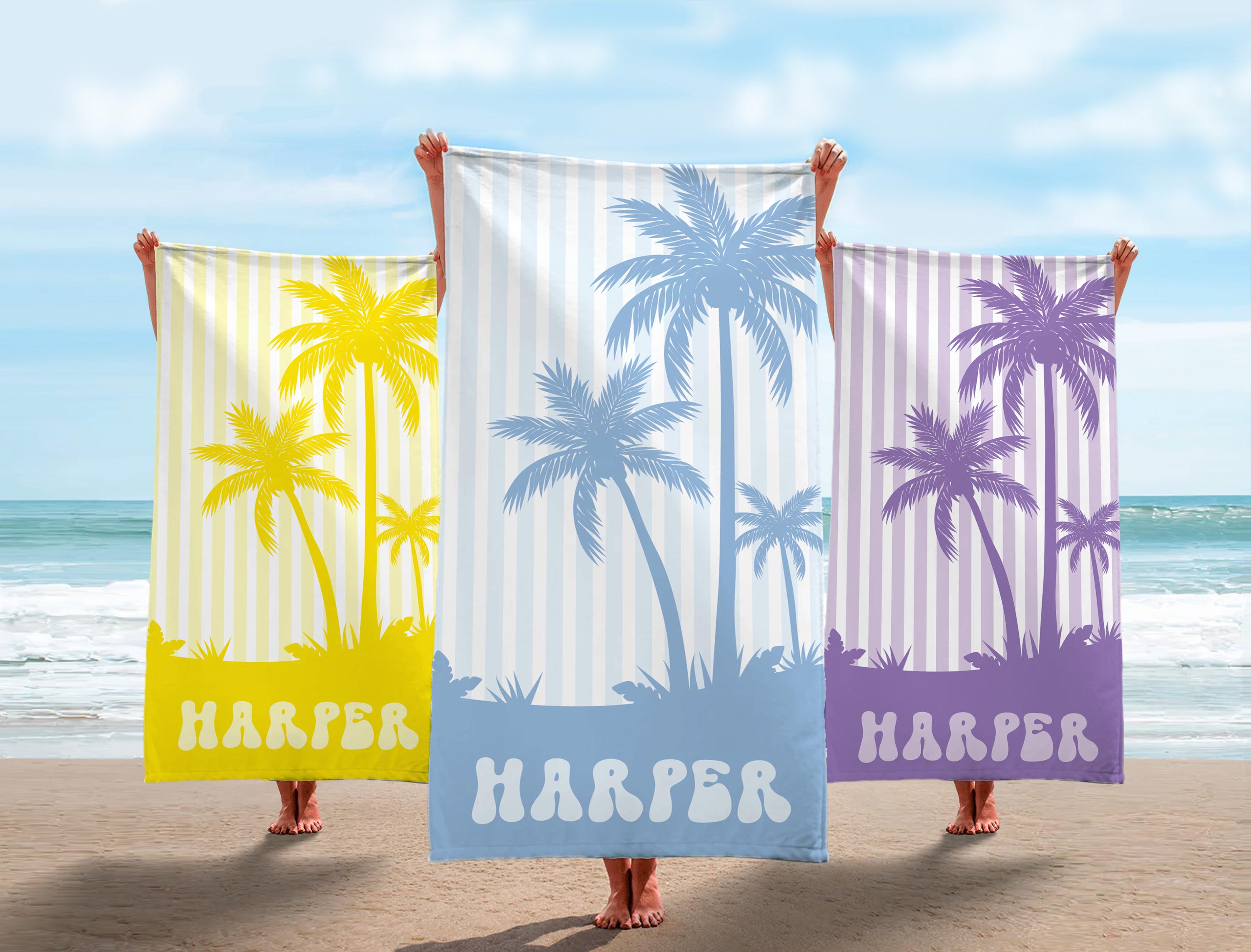 Personalized Palm Tree Beach Towel: Custom Vacation Gift, Bridesmaids Bachelorette Towels, Girls Trip Towel, Name Beach Towel
