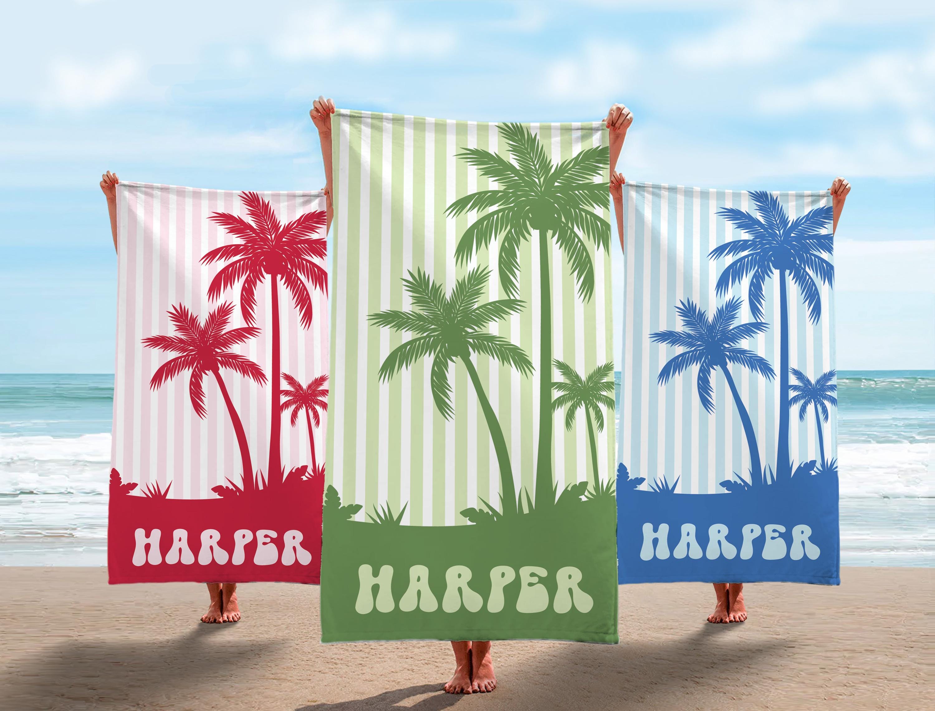 Personalized Palm Tree Beach Towel: Custom Vacation Gift, Bridesmaids Bachelorette Towels, Girls Trip Towel, Name Beach Towel