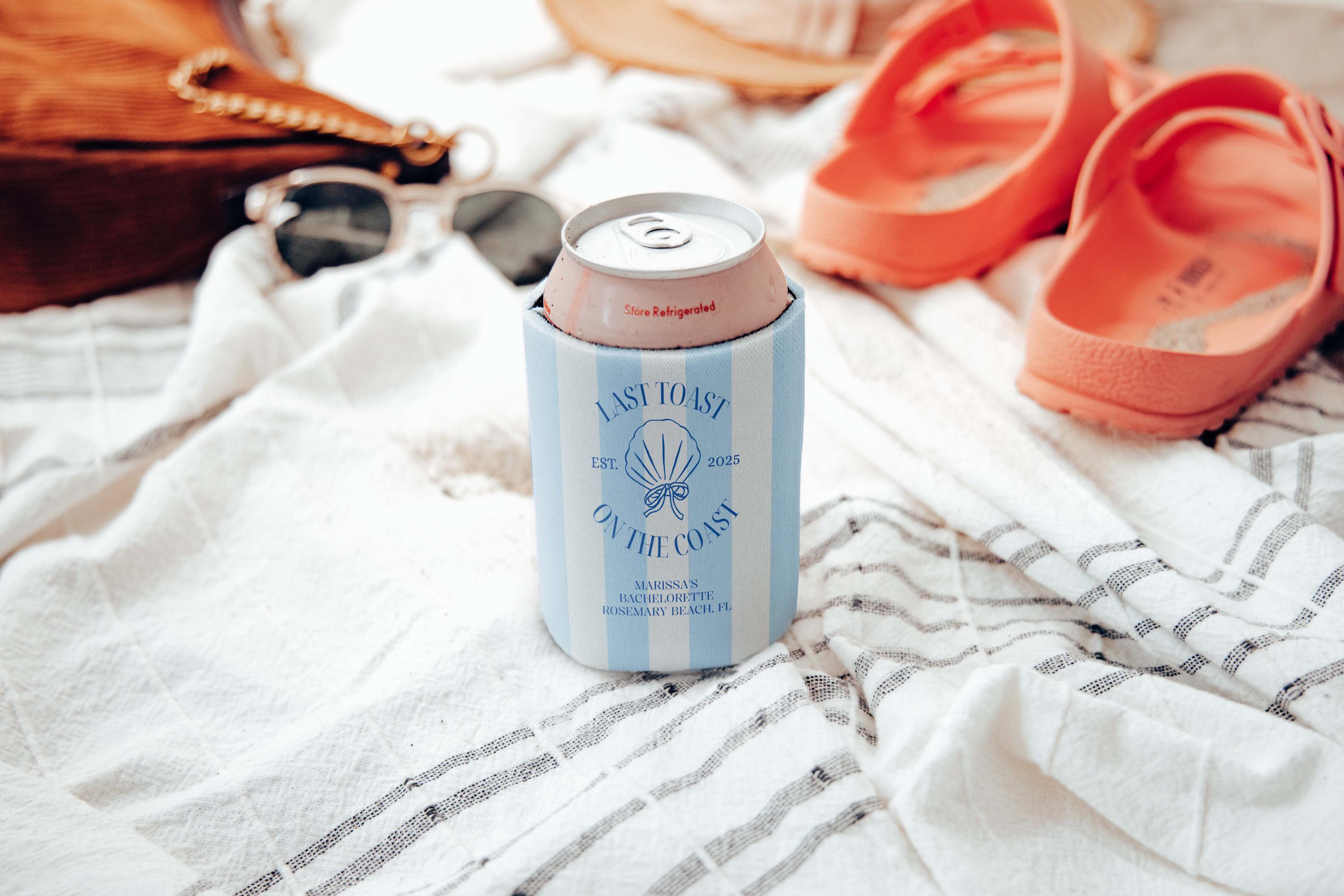 Personalized Coastal Bachelorette Can Cooler, Beach Bachelorette Party Can Coolers, Beach Coastal Can Cooler, Last Toast On The Coast Coozie