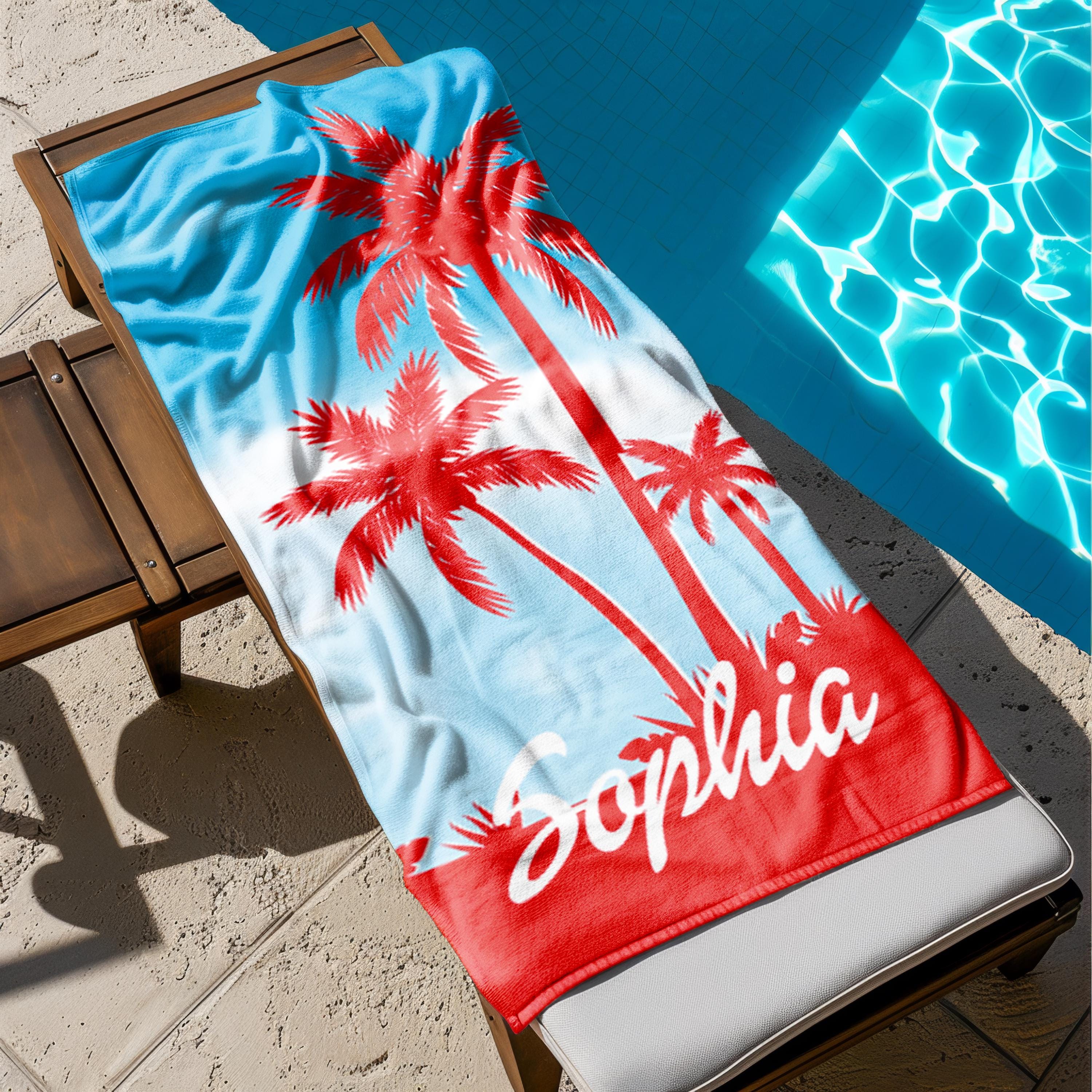 Personalized Palm Tree Beach Towel, Custom Tropical Vacation Gift, Name Beach Towel, Summer Pool Towels, Unique Gift for Her or Him