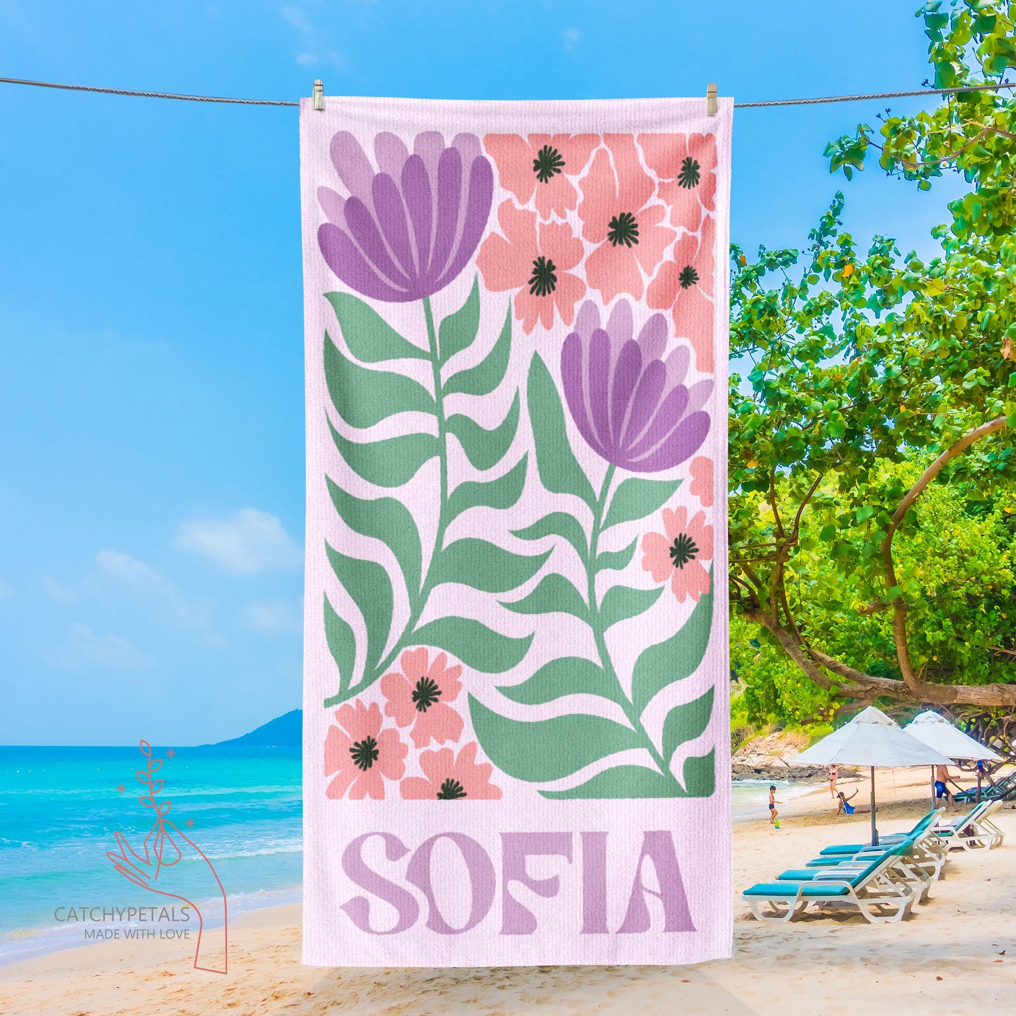 Personalized Retro Beach Towel with Name,Groovy Vibes Beach,Retro Floral Towel,Pool Towel,Bachelorette Party,Vacation Gift,Summer Trip Towel