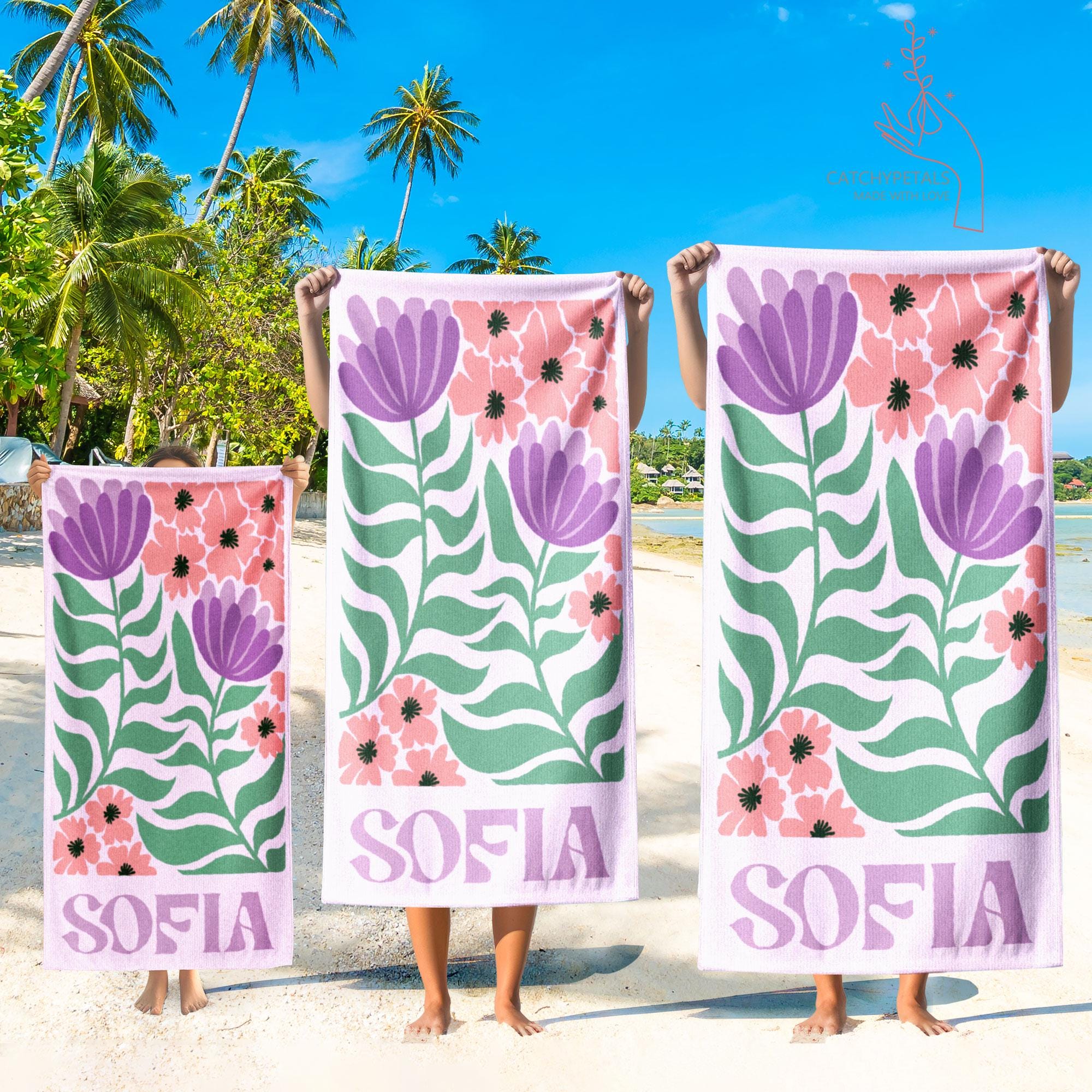 Personalized Retro Beach Towel with Name,Groovy Vibes Beach,Retro Floral Towel,Pool Towel,Bachelorette Party,Vacation Gift,Summer Trip Towel