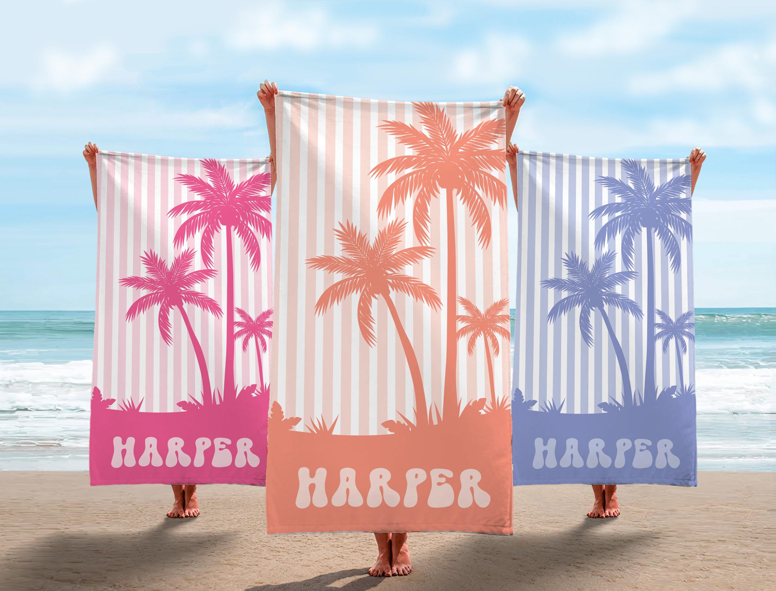 Personalized Palm Tree Beach Towel: Custom Vacation Gift, Bridesmaids Bachelorette Towels, Girls Trip Towel, Name Beach Towel