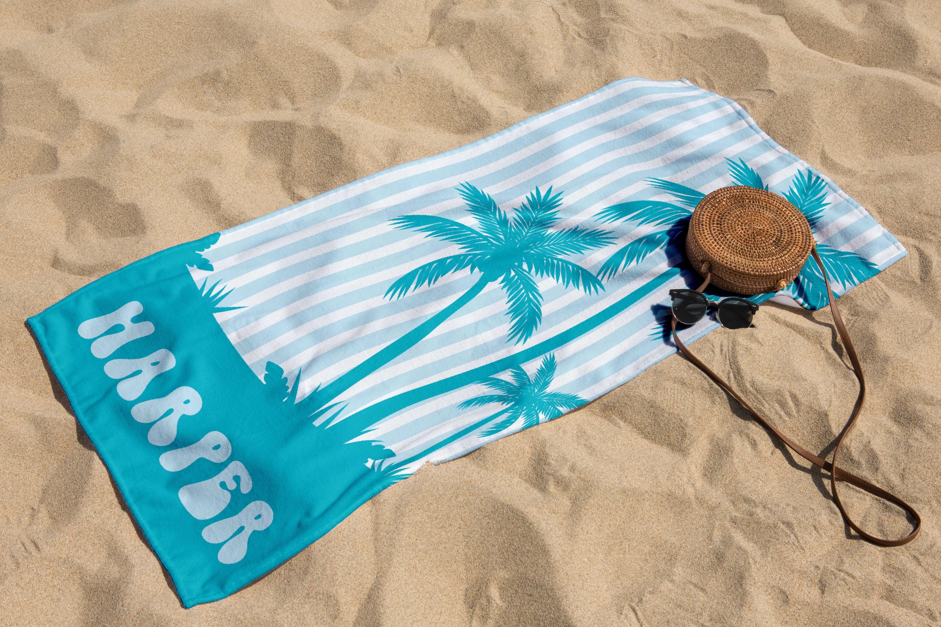 Personalized Palm Tree Beach Towel: Custom Vacation Gift, Bridesmaids Bachelorette Towels, Girls Trip Towel, Name Beach Towel