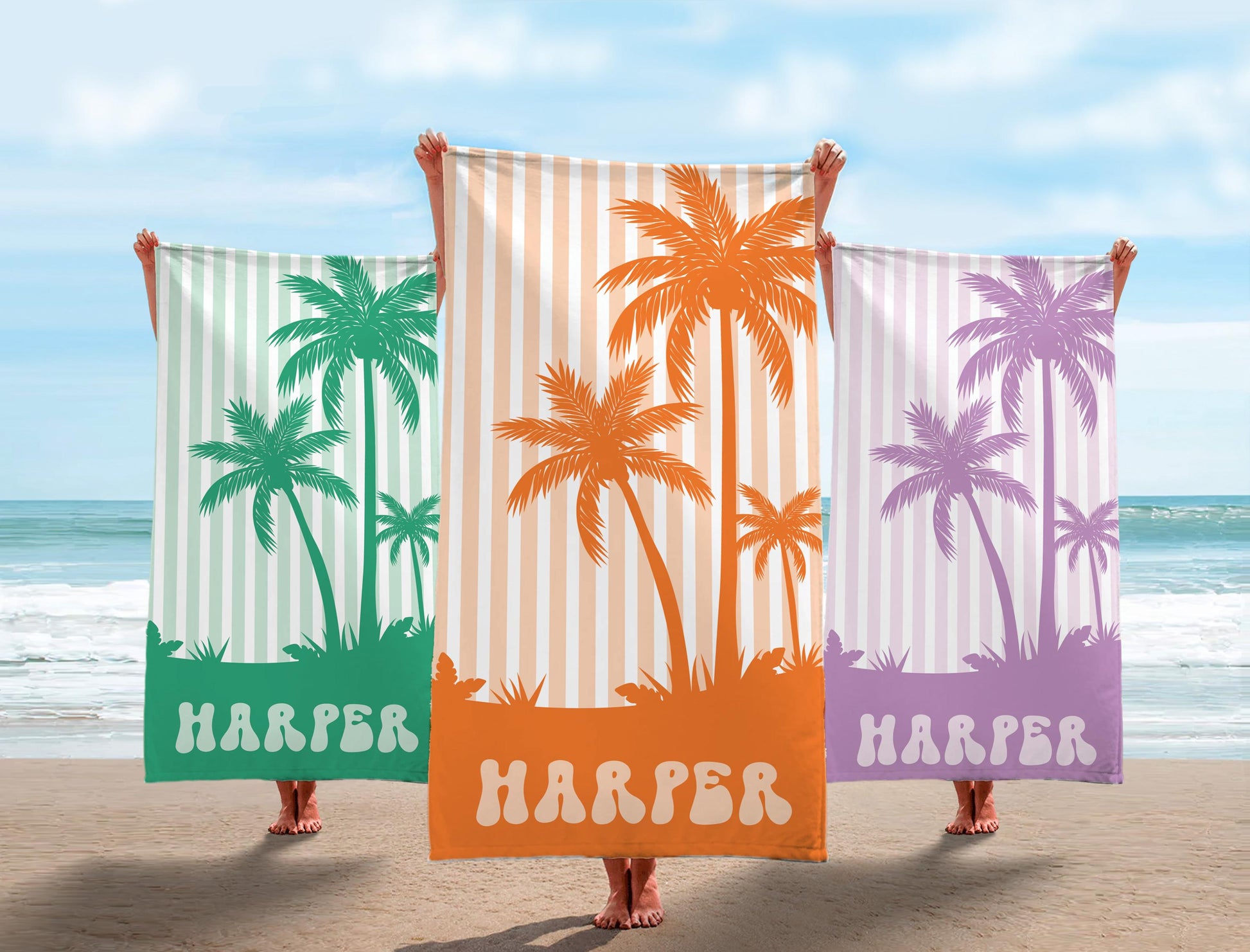 Personalized Palm Tree Beach Towel: Custom Vacation Gift, Bridesmaids Bachelorette Towels, Girls Trip Towel, Name Beach Towel
