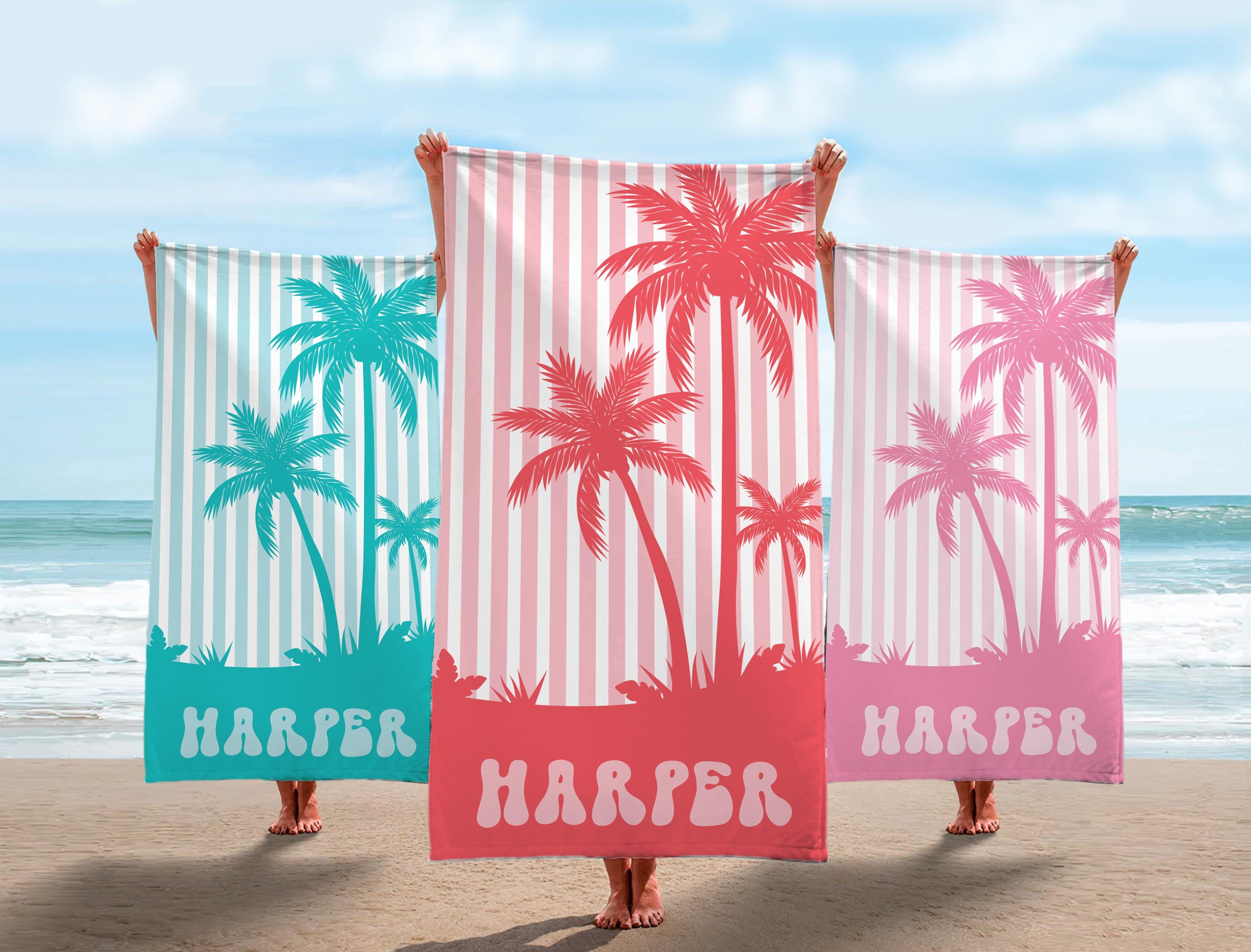 Personalized Palm Tree Beach Towel: Custom Vacation Gift, Bridesmaids Bachelorette Towels, Girls Trip Towel, Name Beach Towel