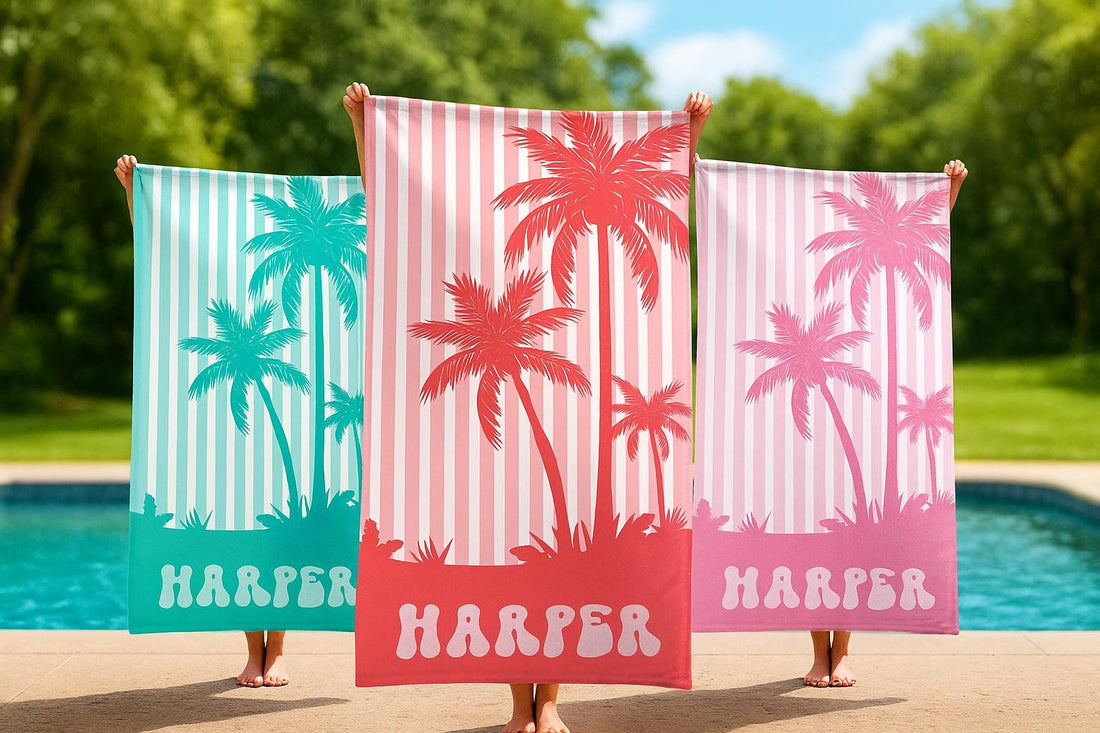 Personalized Palm Tree Beach Towel: Custom Vacation Gift, Bridesmaids Bachelorette Towels, Girls Trip Towel, Name Beach Towel