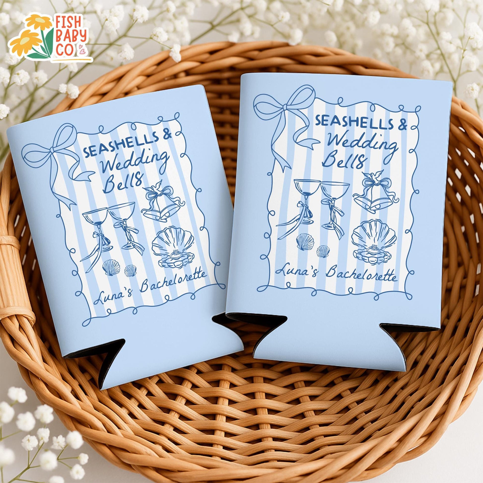 Seashells and Wedding Bells Bachelorette Can Coolers, Coastal Bachelorette Can Holder, Beach Bachelorette Party Favors, Bridal Party Favors