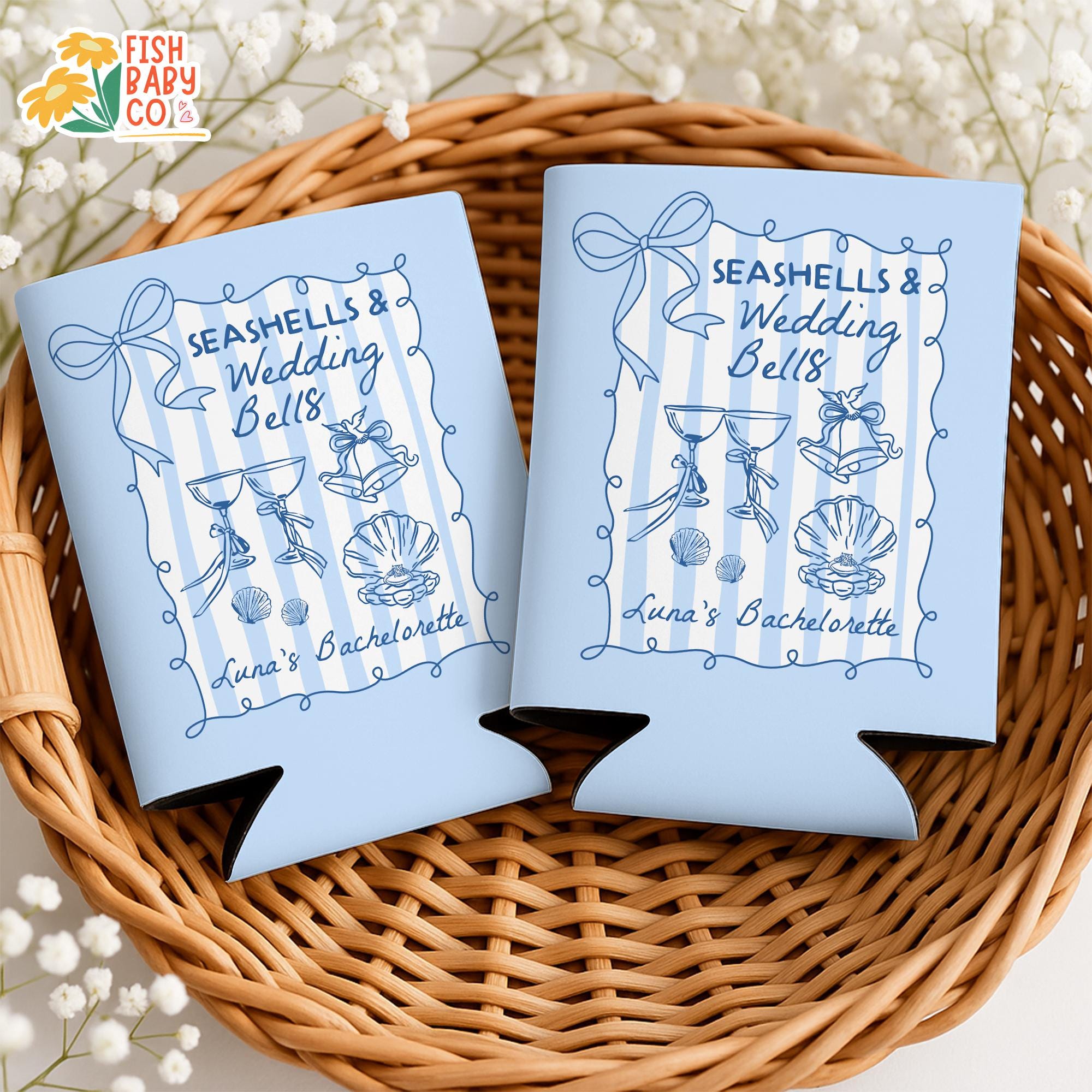 Seashells and Wedding Bells Bachelorette Can Coolers, Coastal Bachelorette Can Holder, Beach Bachelorette Party Favors, Bridal Party Favors