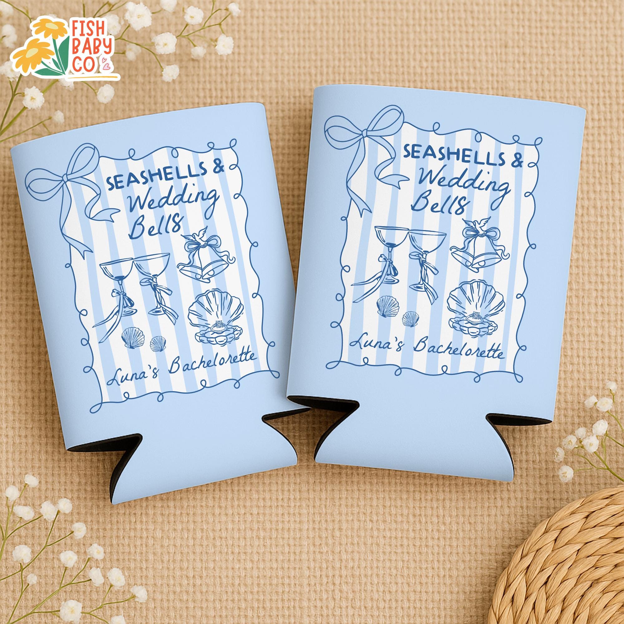 Seashells and Wedding Bells Bachelorette Can Coolers, Coastal Bachelorette Can Holder, Beach Bachelorette Party Favors, Bridal Party Favors