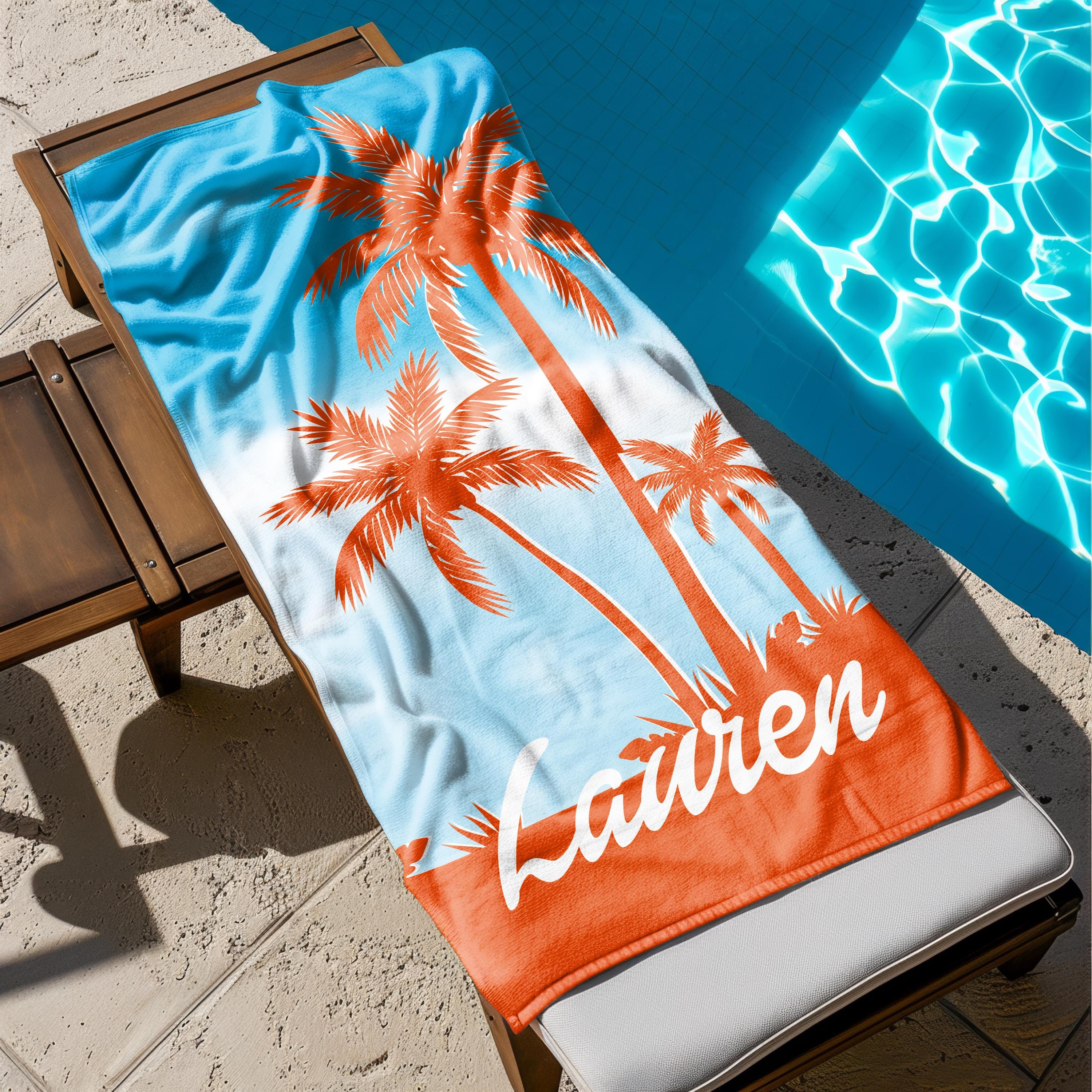 Personalized Palm Tree Beach Towel, Custom Tropical Vacation Gift, Name Beach Towel, Summer Pool Towels, Unique Gift for Her or Him