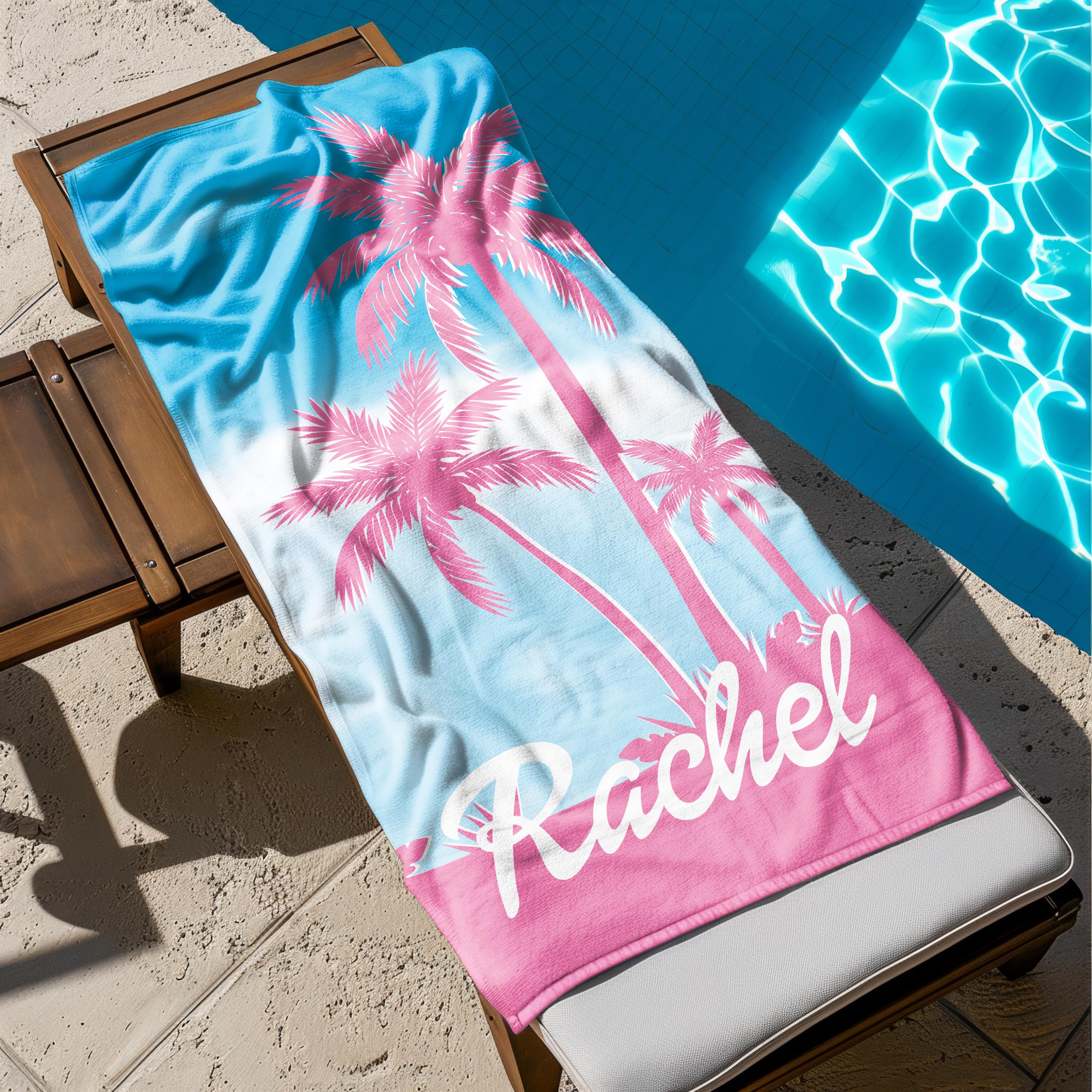 Personalized Palm Tree Beach Towel, Custom Tropical Vacation Gift, Name Beach Towel, Summer Pool Towels, Unique Gift for Her or Him