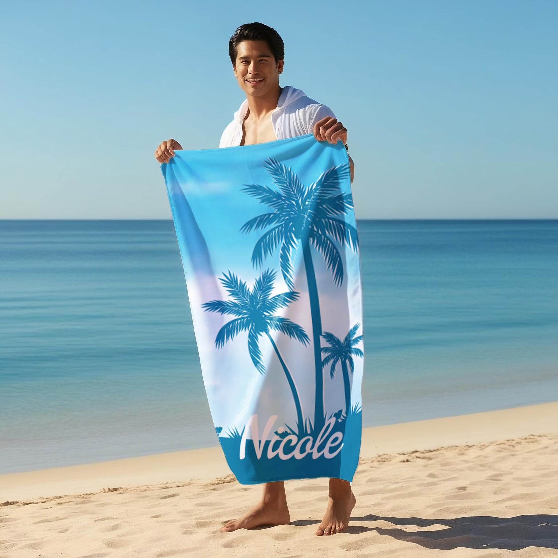 Personalized Palm Tree Beach Towel, Custom Tropical Vacation Gift, Name Beach Towel, Summer Pool Towels, Unique Gift for Her or Him