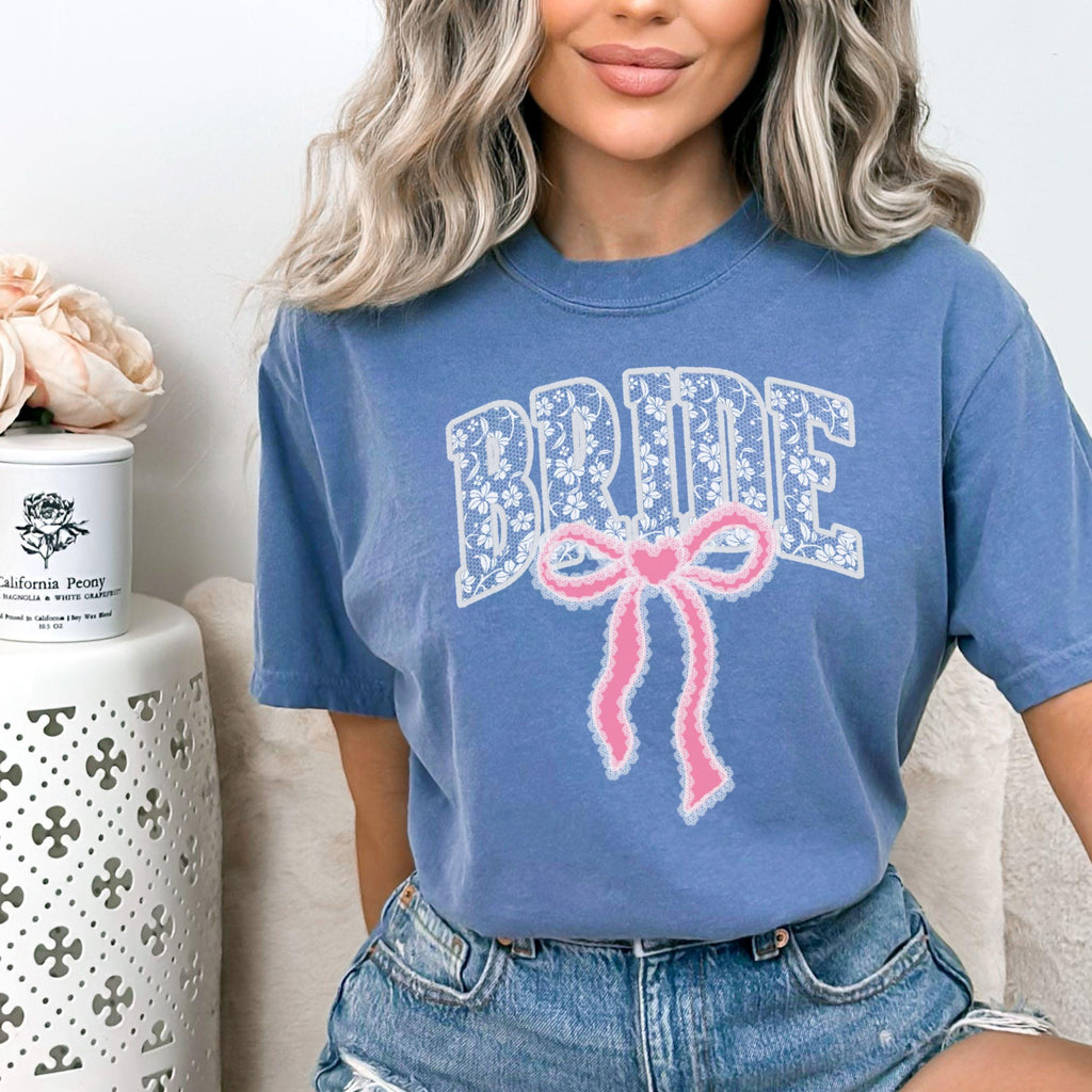 Bride Shirt with Bow, Lace Varsity Bride Tee, Coquette Bride Shirt, Comfort Colors Wedding Shirt, Engagement Gift Shirt, Pink Bow Bride Tee