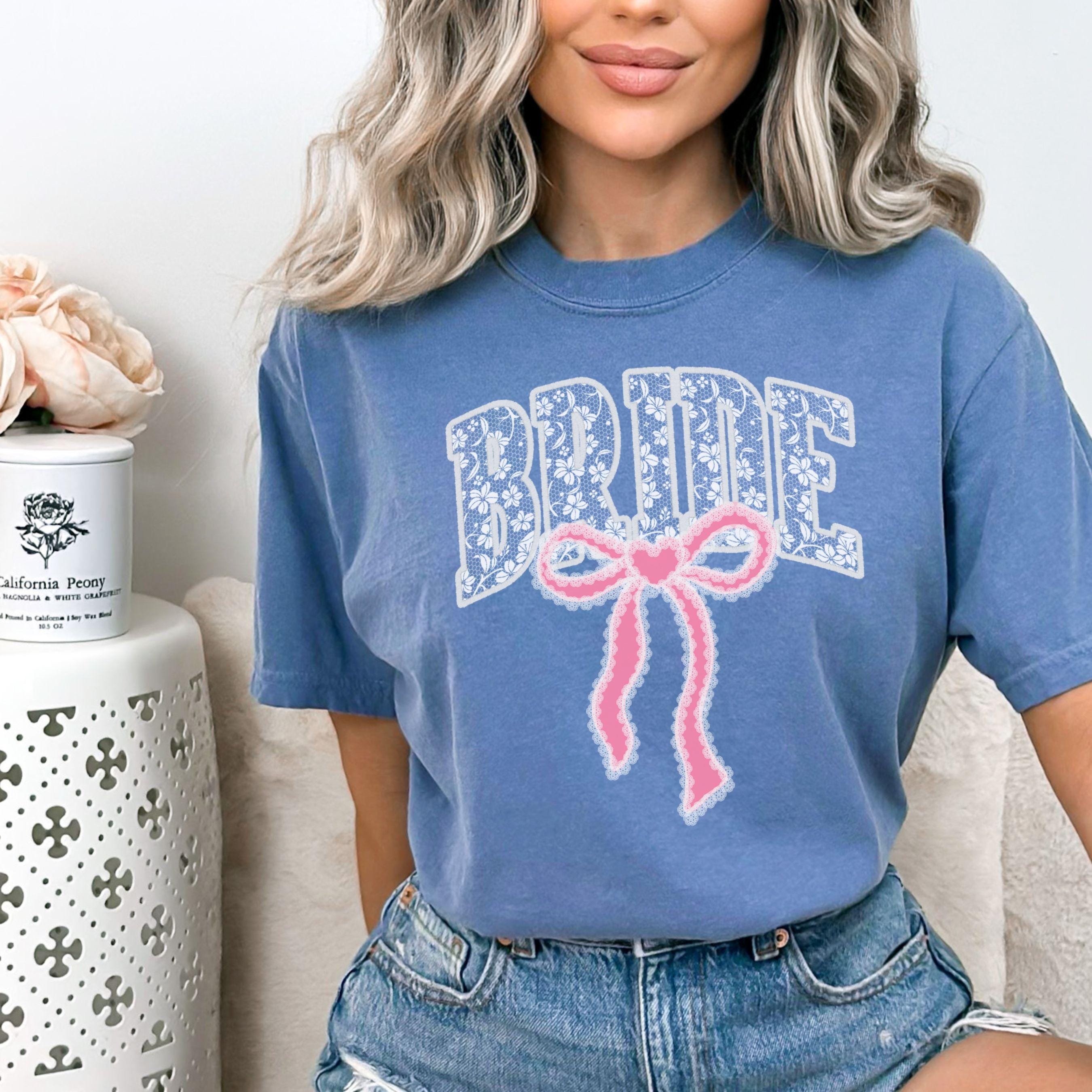 Bride Shirt with Bow, Lace Varsity Bride Tee, Coquette Bride Shirt, Comfort Colors Wedding Shirt, Engagement Gift Shirt, Pink Bow Bride Tee