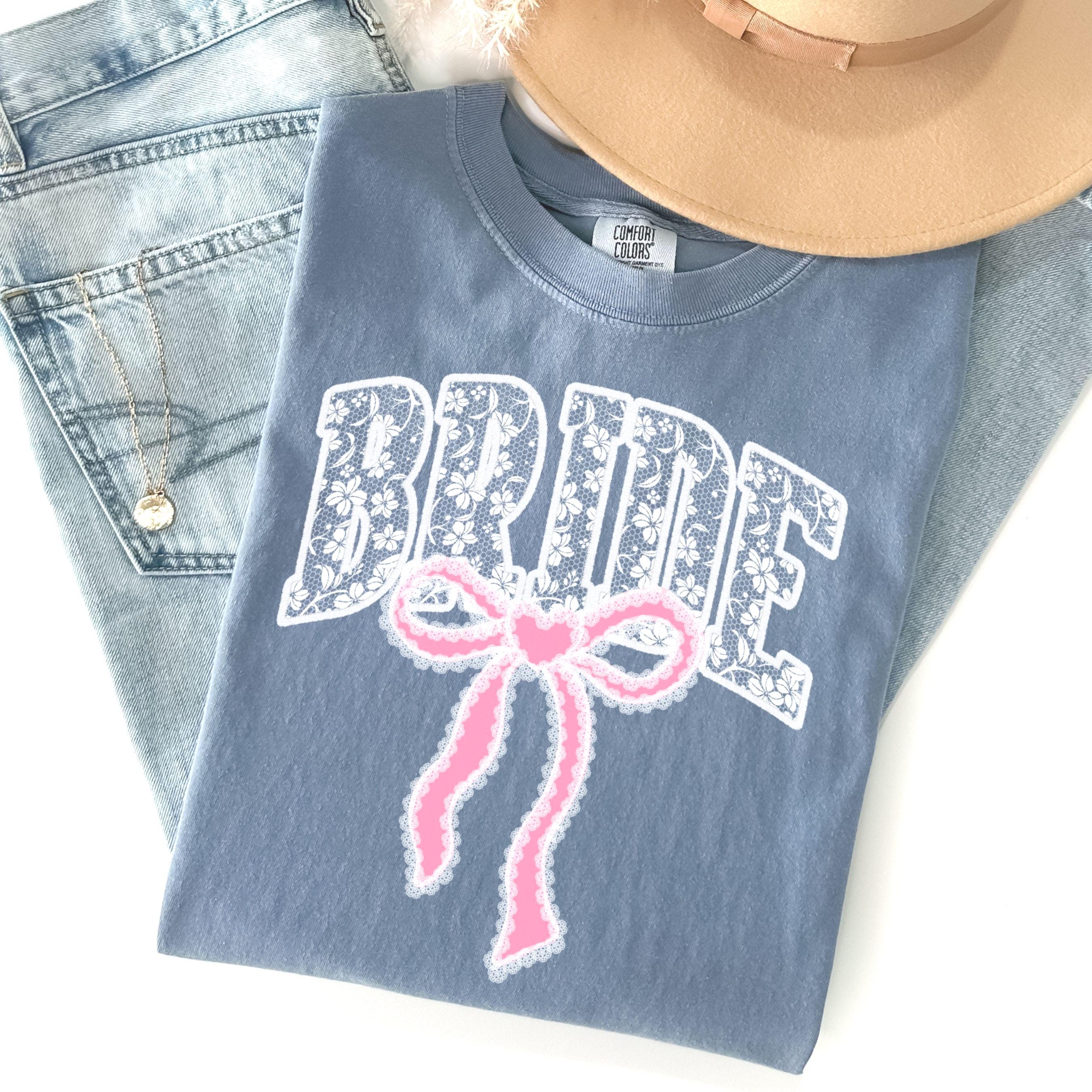 Bride Shirt with Bow, Lace Varsity Bride Tee, Coquette Bride Shirt, Comfort Colors Wedding Shirt, Engagement Gift Shirt, Pink Bow Bride Tee