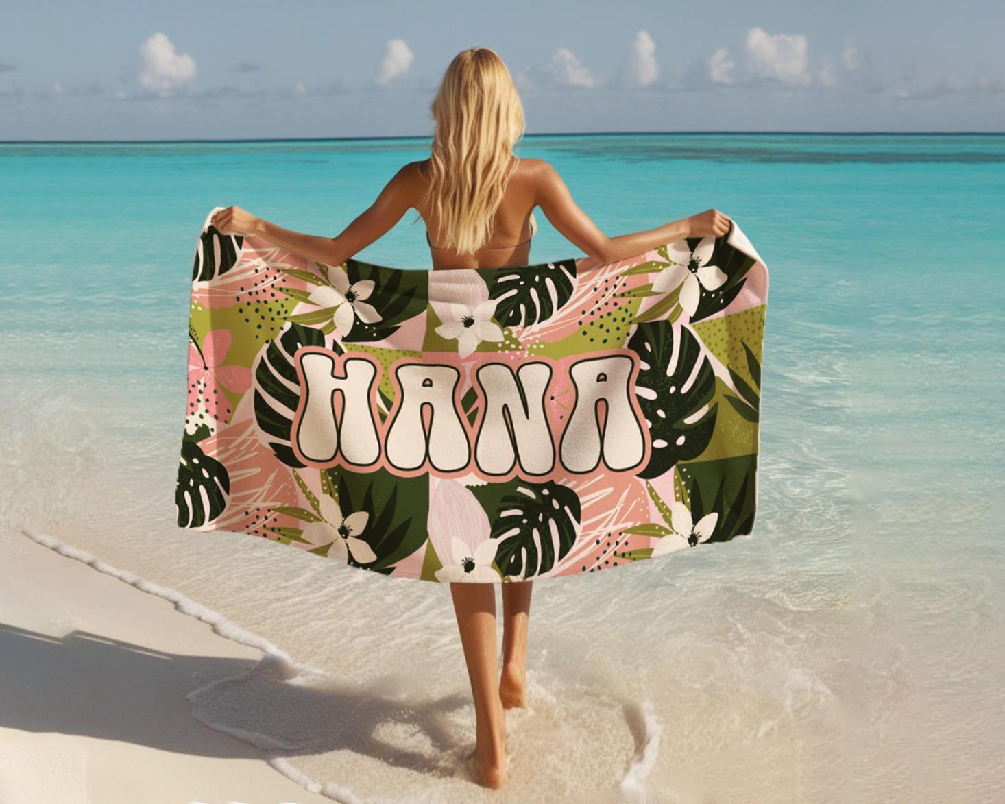 Personalized Tropical Floral Beach Towel: Custom Name Vacation Gift