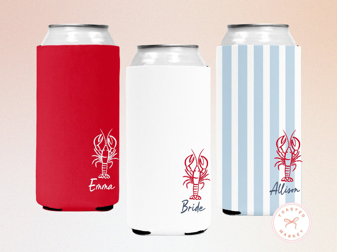 Personalized She's a Catch Bachelorette Party Can Cooler, Custom Lobster Theme Drink Sleeve, East Coast Party Favor, Coastal Bridal Shower