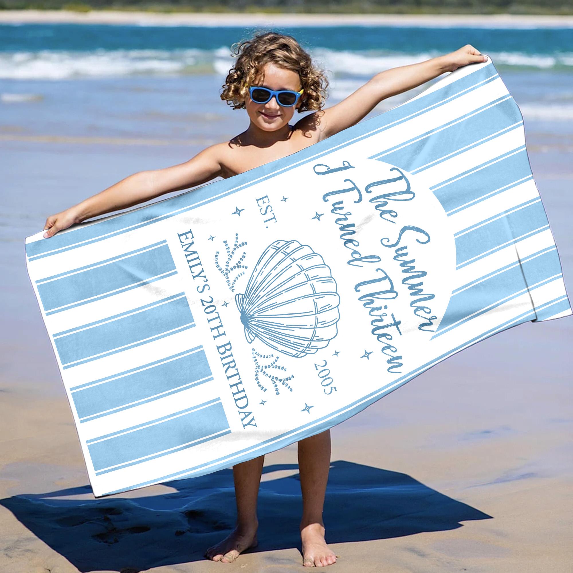 Custom The Summer I Turned Birthday Beach Towel, Birthday Party Beach Towels, Summer 20th 30th 40th Birthday Gift, Bachelorette Towels