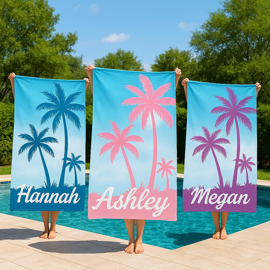 Personalized Palm Tree Beach Towel, Custom Tropical Vacation Gift, Name Beach Towel, Summer Pool Towels, Unique Gift for Her or Him