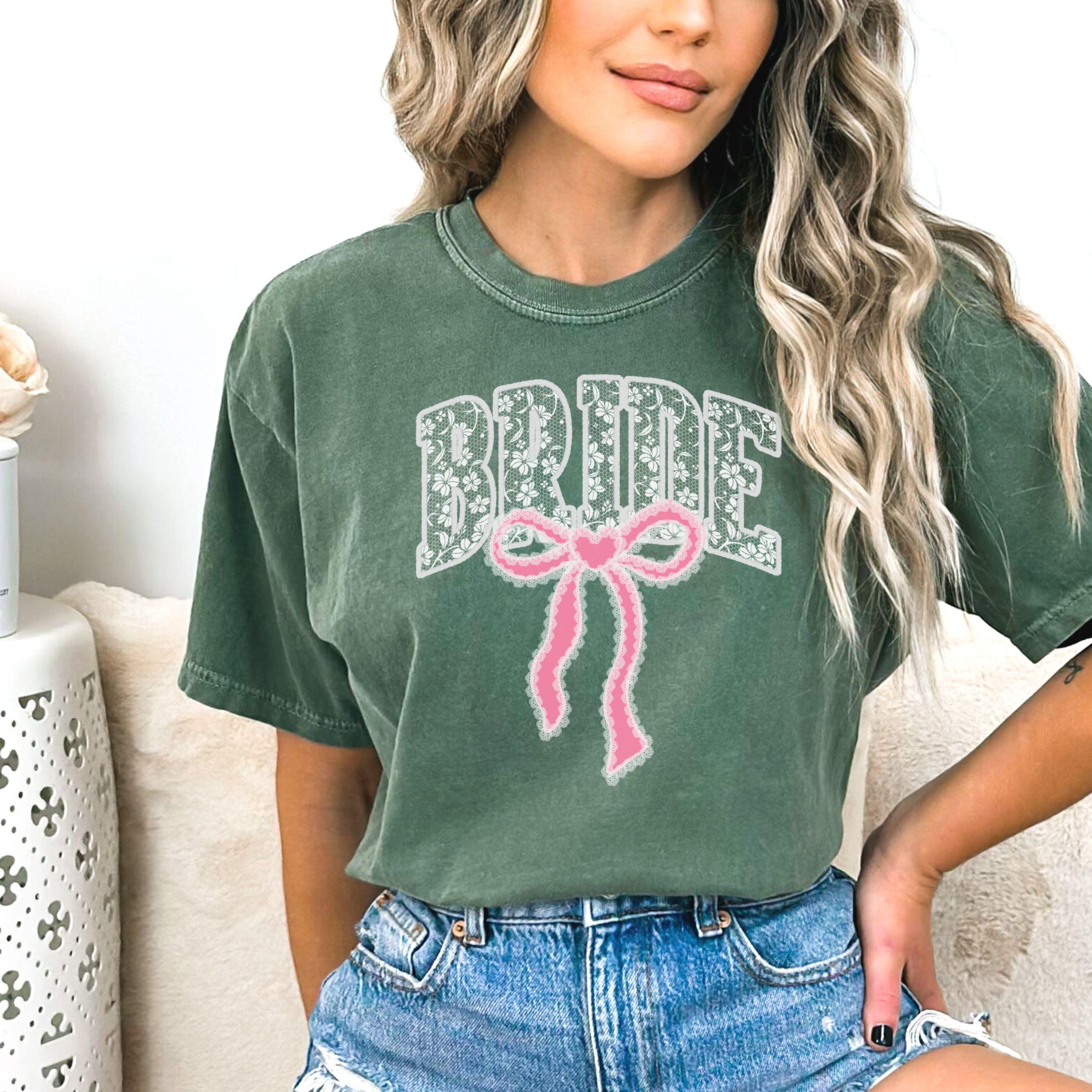 Bride Shirt with Bow, Lace Varsity Bride Tee, Coquette Bride Shirt, Comfort Colors Wedding Shirt, Engagement Gift Shirt, Pink Bow Bride Tee