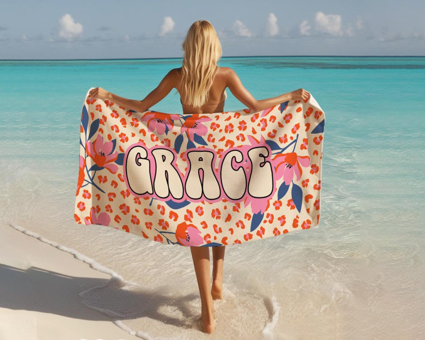 Personalized Tropical Floral Beach Towel: Custom Name Vacation Gift