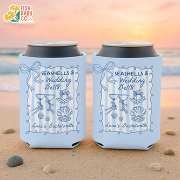 Seashells and Wedding Bells Bachelorette Can Coolers, Coastal Bachelorette Can Holder, Beach Bachelorette Party Favors, Bridal Party Favors