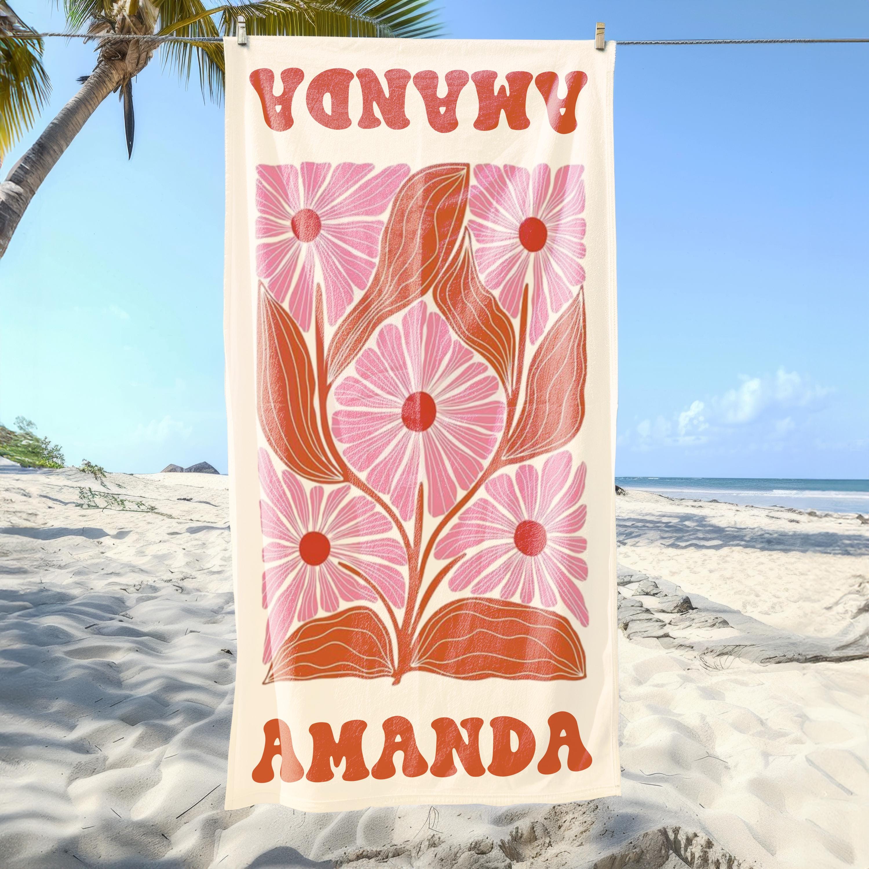 Floral Personalized Beach Towel, Custom Name Towel for Women, Retro Flower Pool Towel, Multicolor Vacation Beach Towel, Bachelorette Party