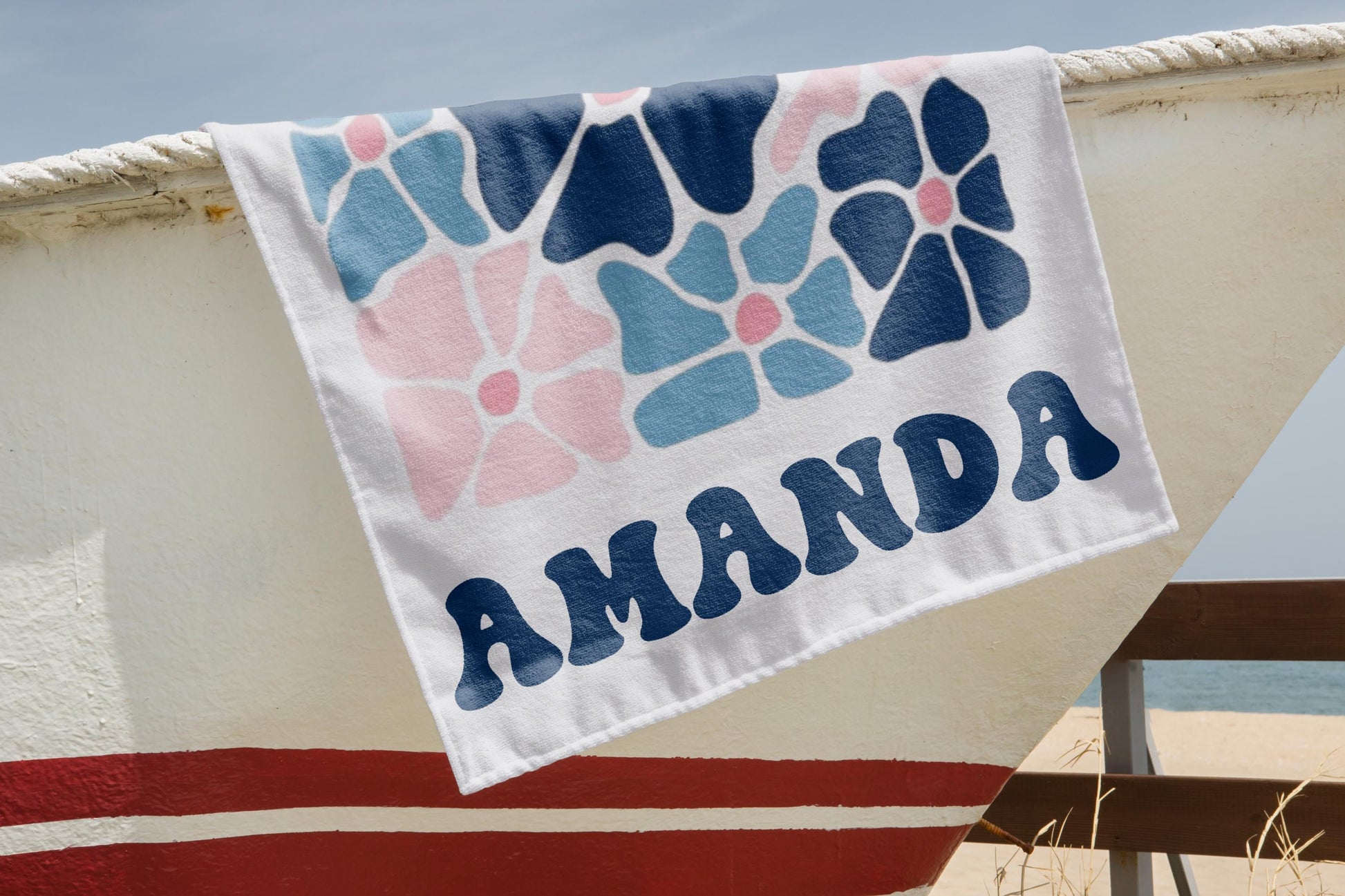 Floral Personalized Beach Towel, Custom Name Towel for Women, Retro Flower Pool Towel, Multicolor Vacation Beach Towel, Bachelorette Party