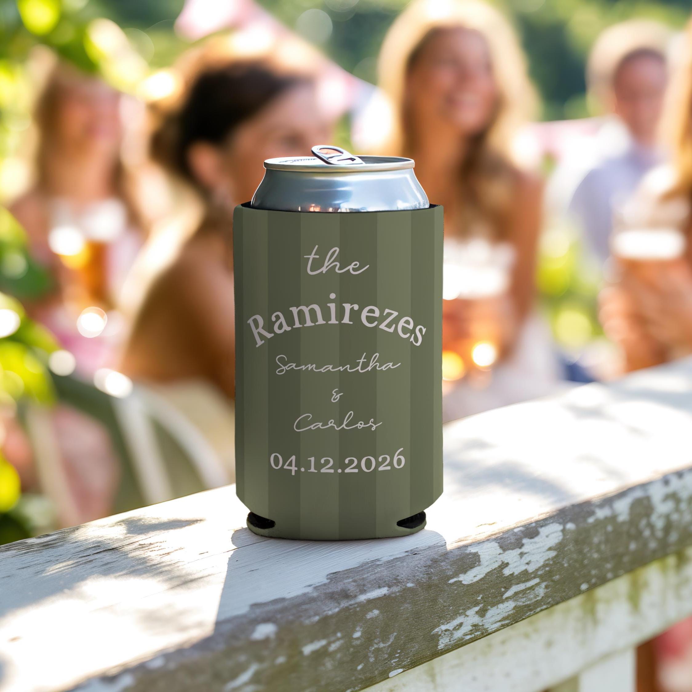 Personalized Wedding Can Cooler, Striped Design, Custom Wedding Favor