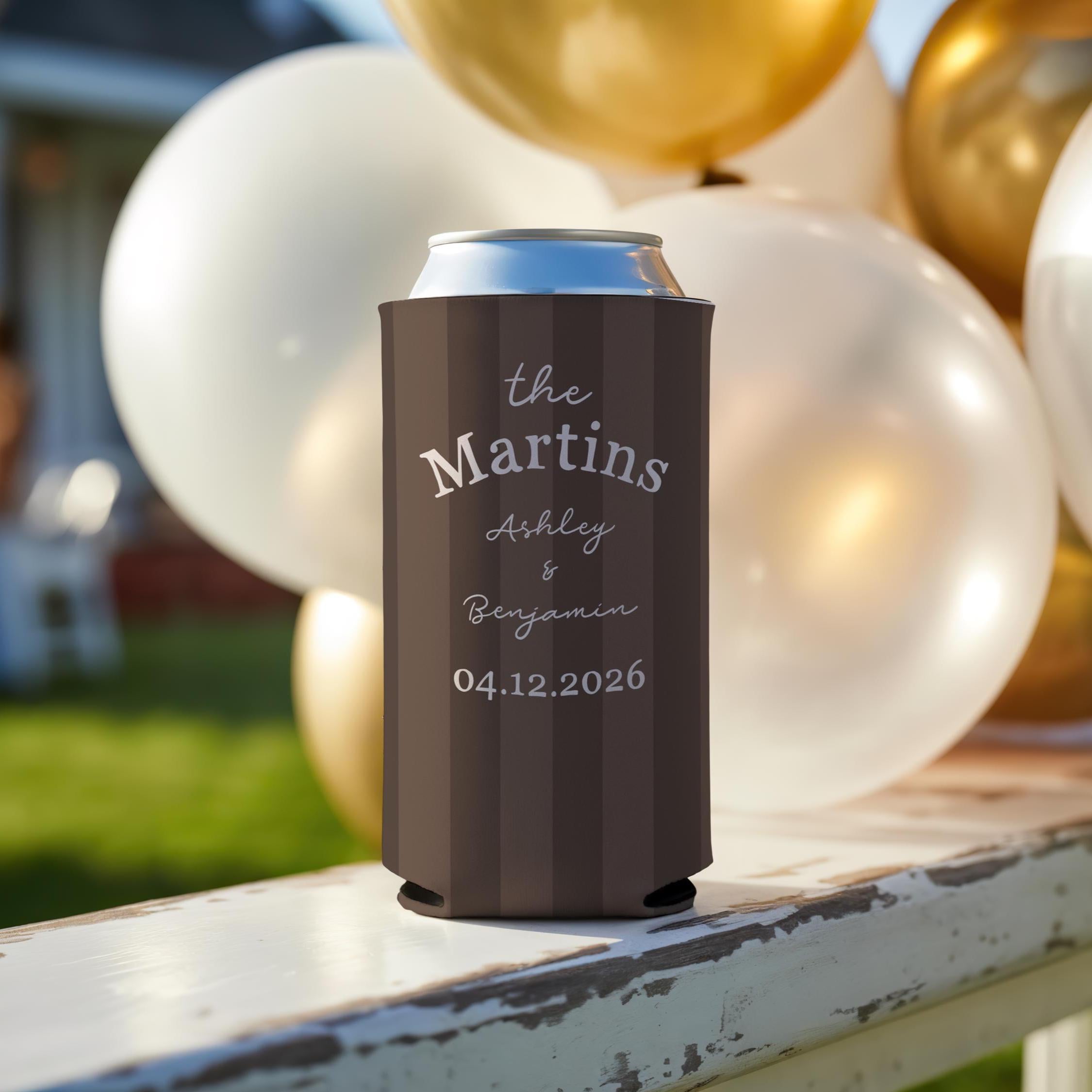 Personalized Wedding Can Cooler, Striped Design, Custom Wedding Favor