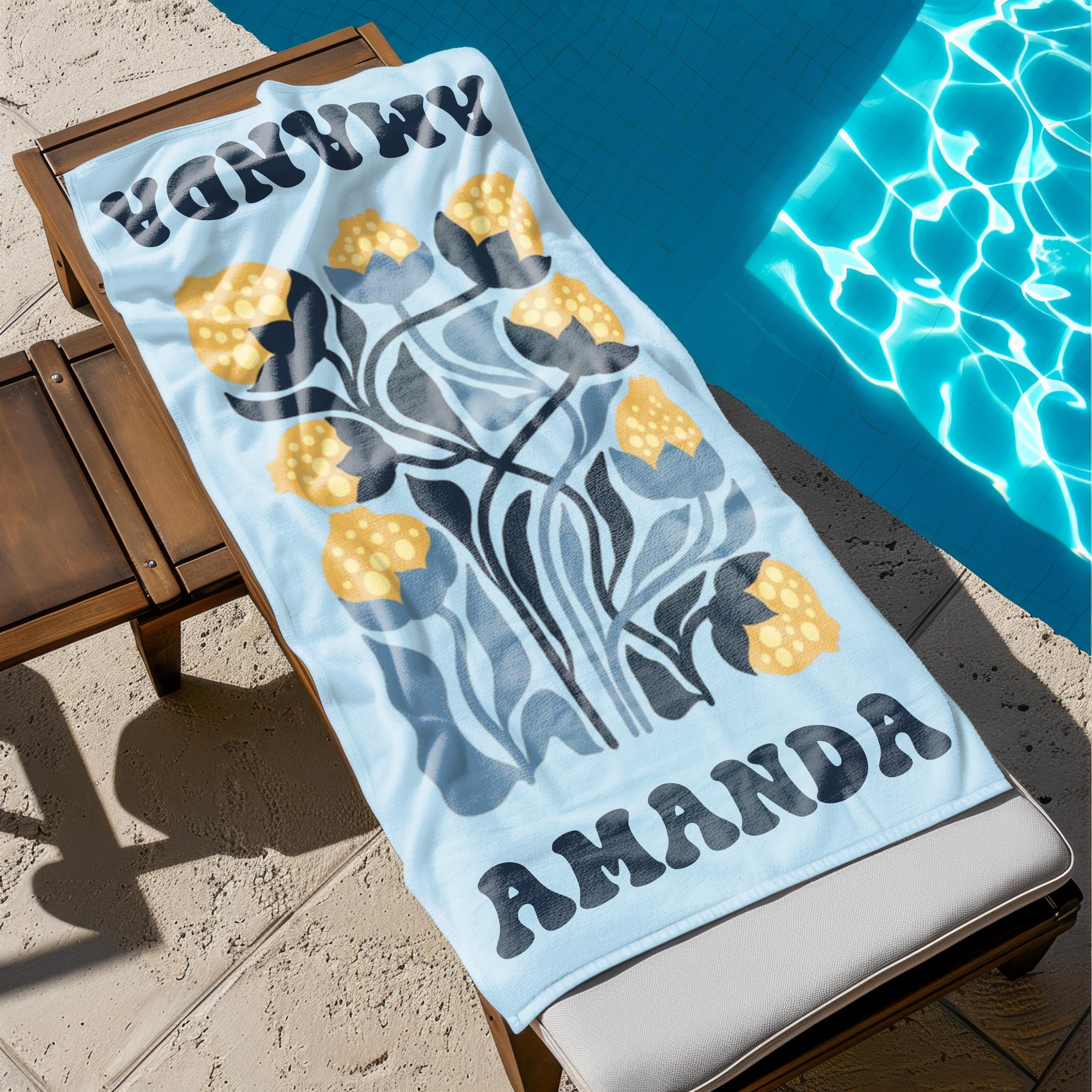 Floral Personalized Beach Towel, Custom Name Towel for Women, Retro Flower Pool Towel, Multicolor Vacation Beach Towel, Bachelorette Party