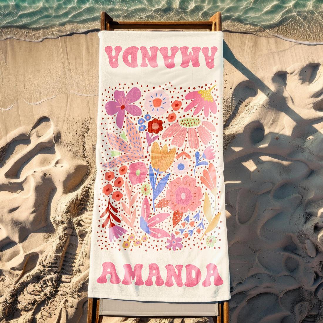 Floral Personalized Beach Towel, Custom Name Towel for Women, Retro Flower Pool Towel, Multicolor Vacation Beach Towel, Bachelorette Party
