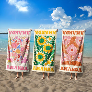 Floral Personalized Beach Towel, Custom Name Towel for Women, Retro Flower Pool Towel, Multicolor Vacation Beach Towel, Bachelorette Party