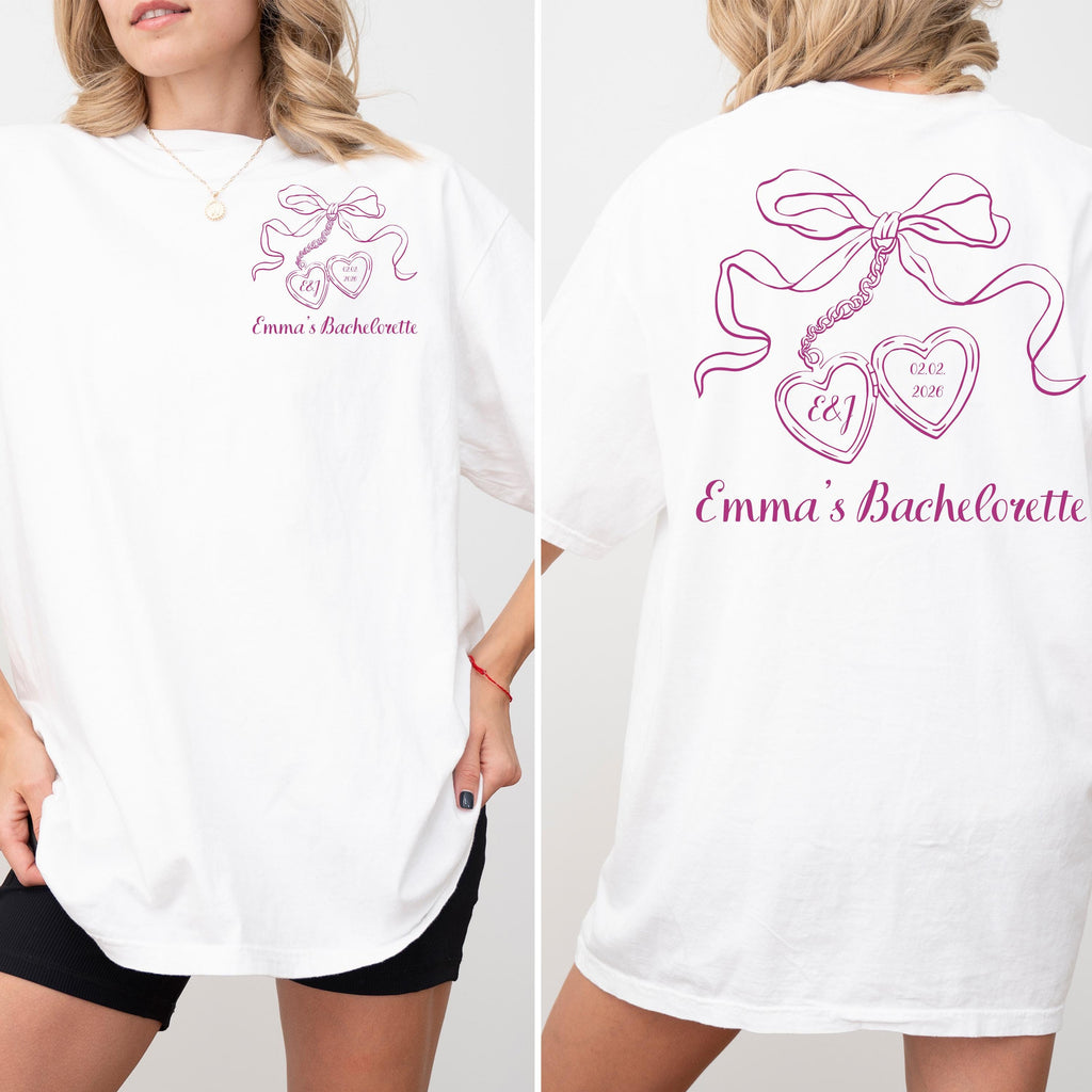 Bow Bachelorette Shirt, Coquette Bridal Party Tee, Heart Locket Bride T-Shirt, Future Mrs Shirt, Minimalist Bridesmaid Gift