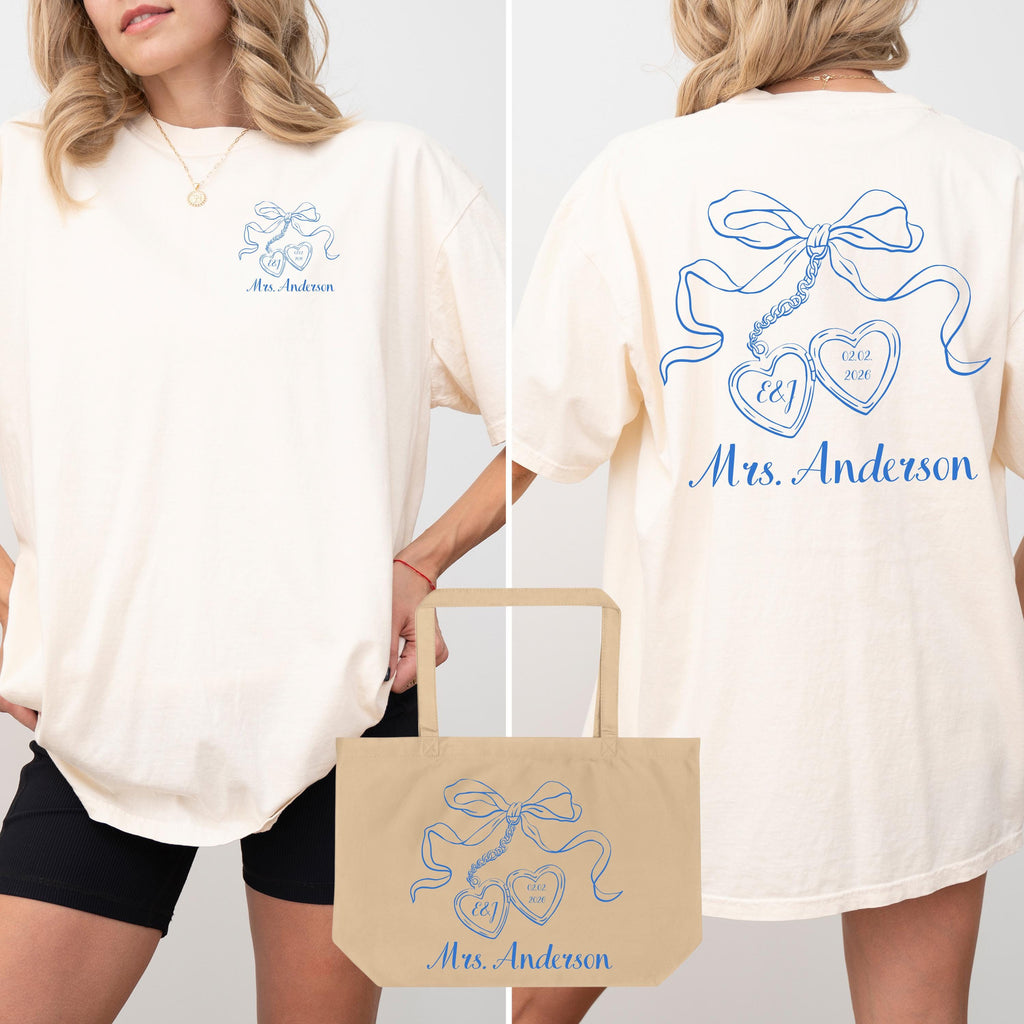 Bow Bachelorette Shirt, Coquette Bridal Party Tee, Heart Locket Bride T-Shirt, Future Mrs Shirt, Minimalist Bridesmaid Gift