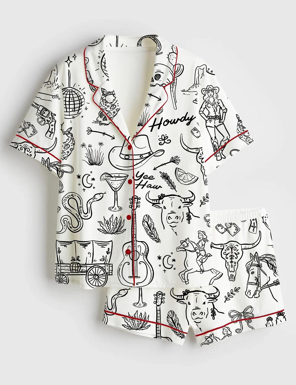 Cowgirl Whimsical Style Hand Drawn Western Bachelorette Party Satin Pajama Set, Bachelorette Cowboy Shirt PJS Gift for Fan, Nightwear Pajama